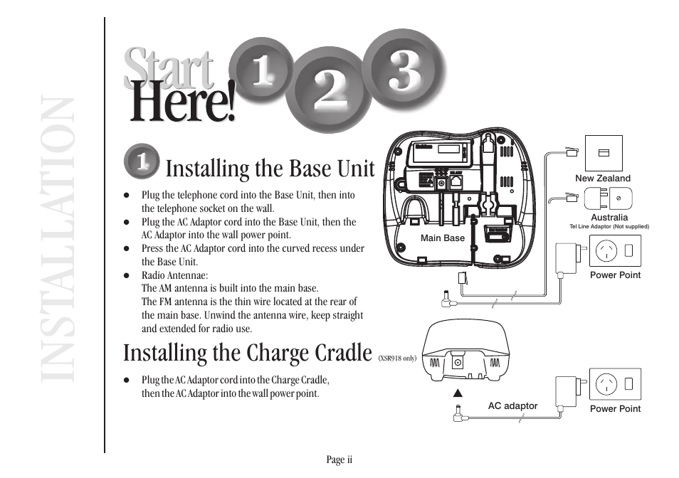 Inst alla tion, Installing the base unit, Installing the charge cradle | Uniden XSR917/918 User Manual | Page 3 / 36