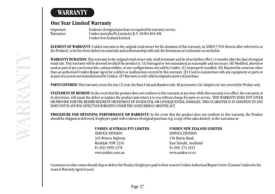 Wa rr anty, Warranty | Uniden XSR917/918 User Manual | Page 35 / 36