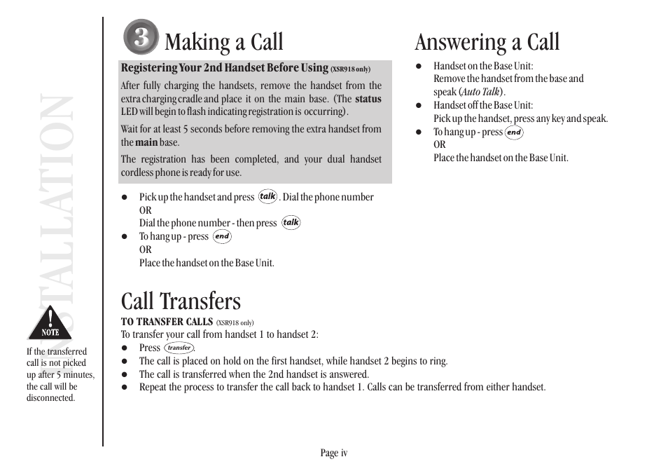 Inst alla tion, Making a call, Answering a call | Call transfers | Uniden XSR917/918 User Manual | Page 5 / 36