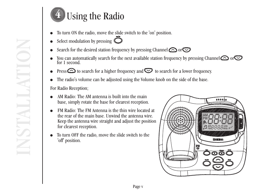 Inst alla tion, Using the radio | Uniden XSR917/918 User Manual | Page 6 / 36