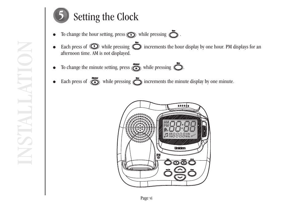 Inst alla tion, Setting the clock | Uniden XSR917/918 User Manual | Page 7 / 36
