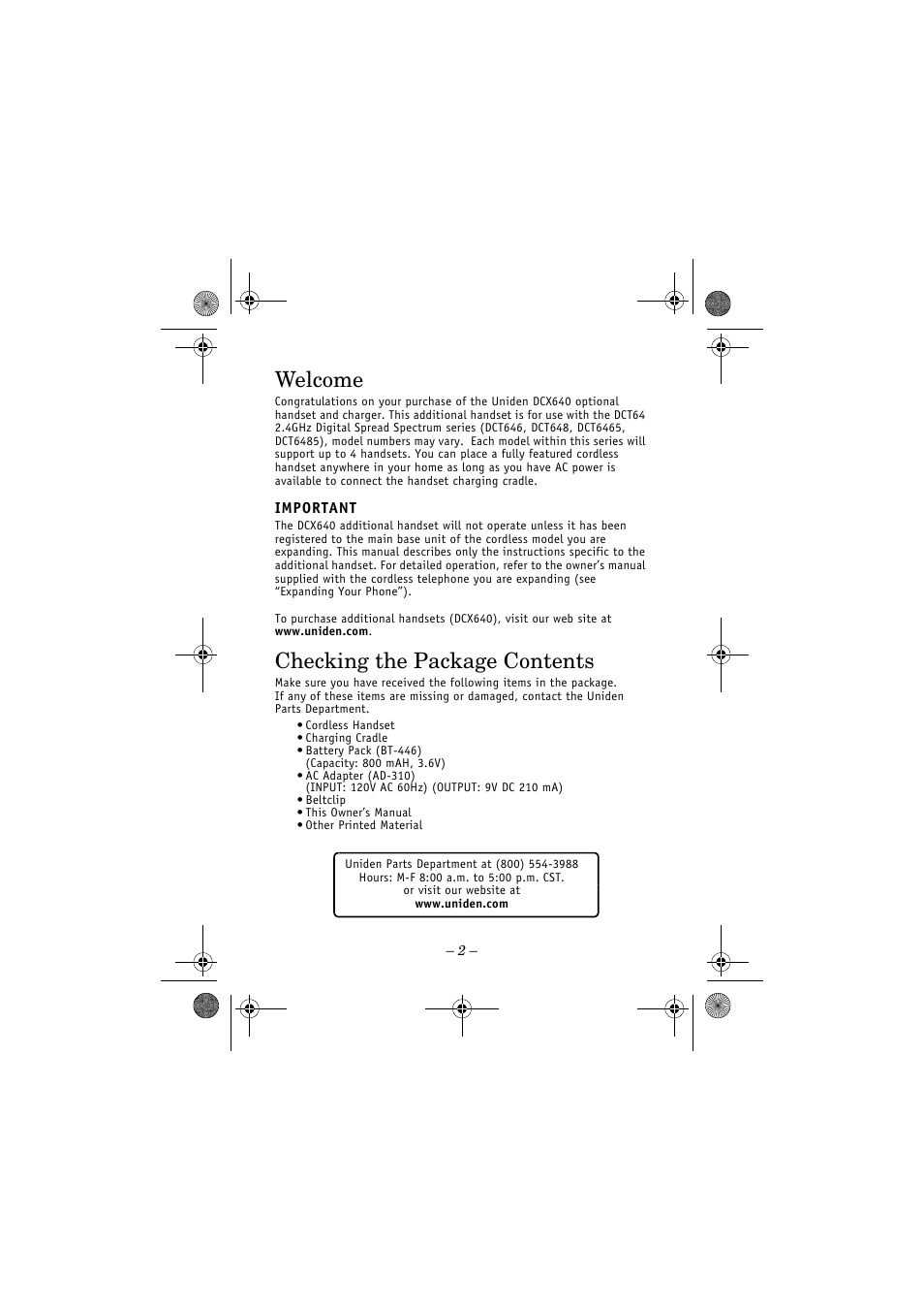 Welcome, Checking the package contents | Uniden DCT646 User Manual | Page 2 / 8