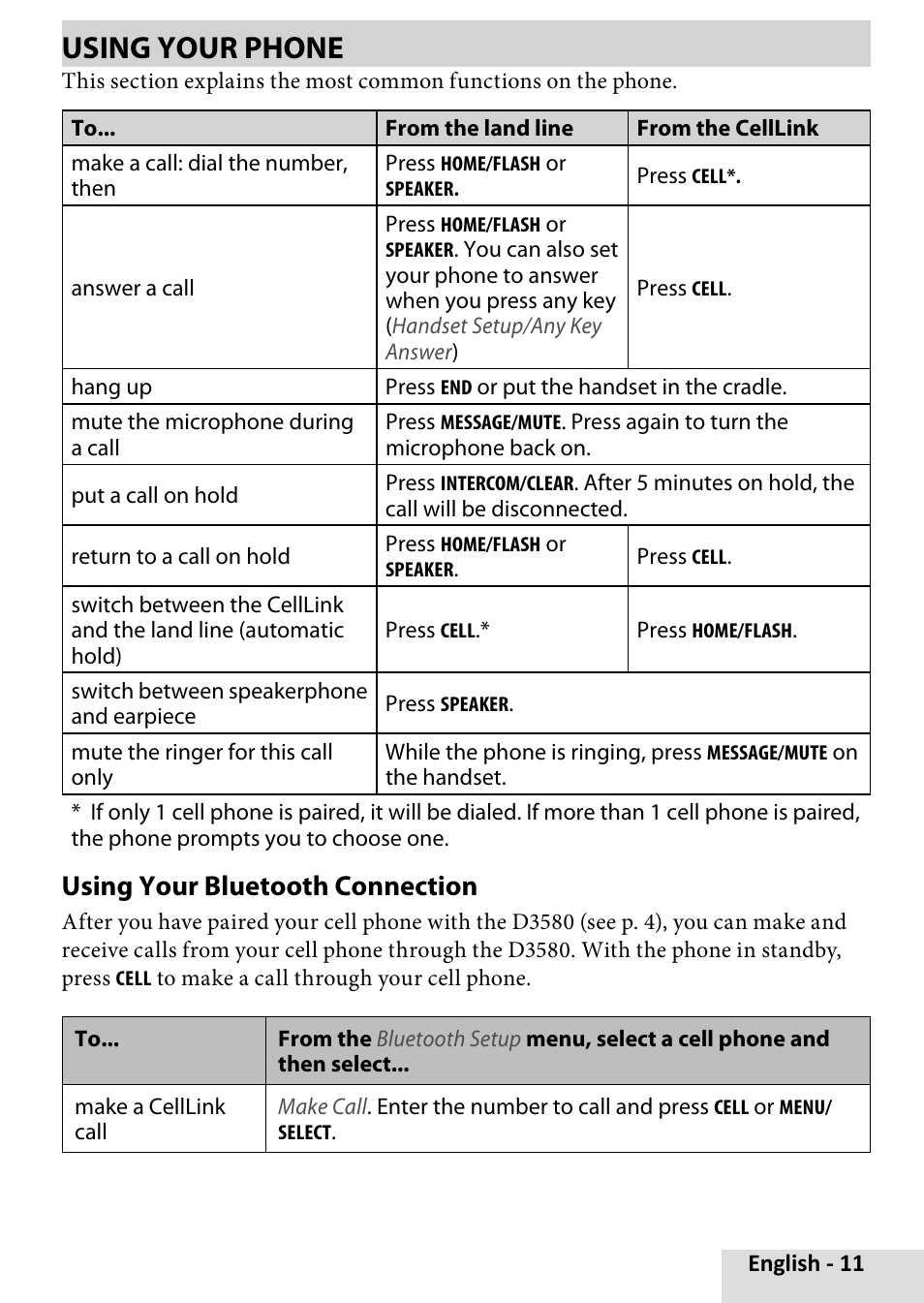 Using your phone, Using your bluetooth connection | Uniden D3580 User Manual | Page 11 / 28