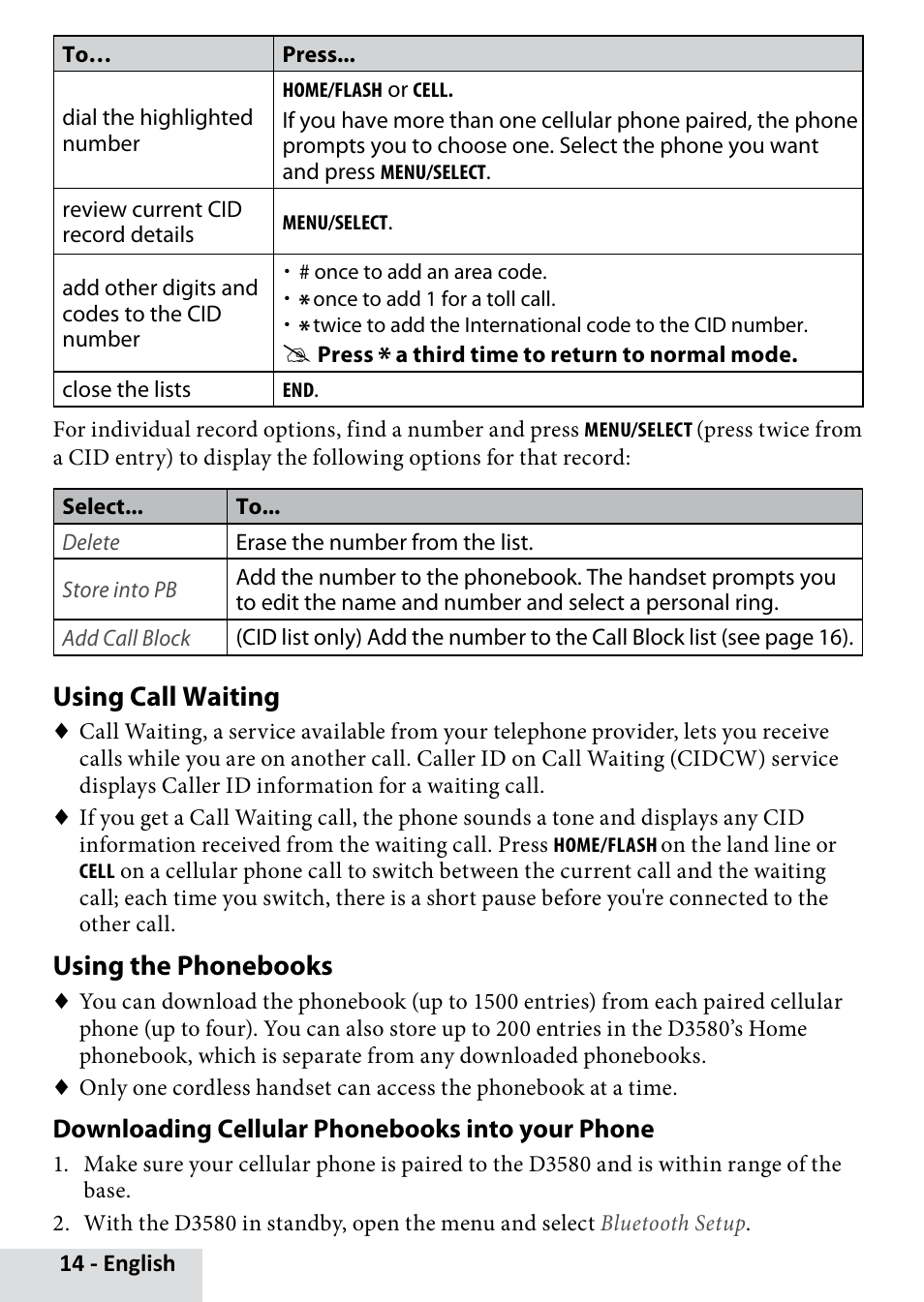 Using call waiting, Using the phonebooks | Uniden D3580 User Manual | Page 14 / 28