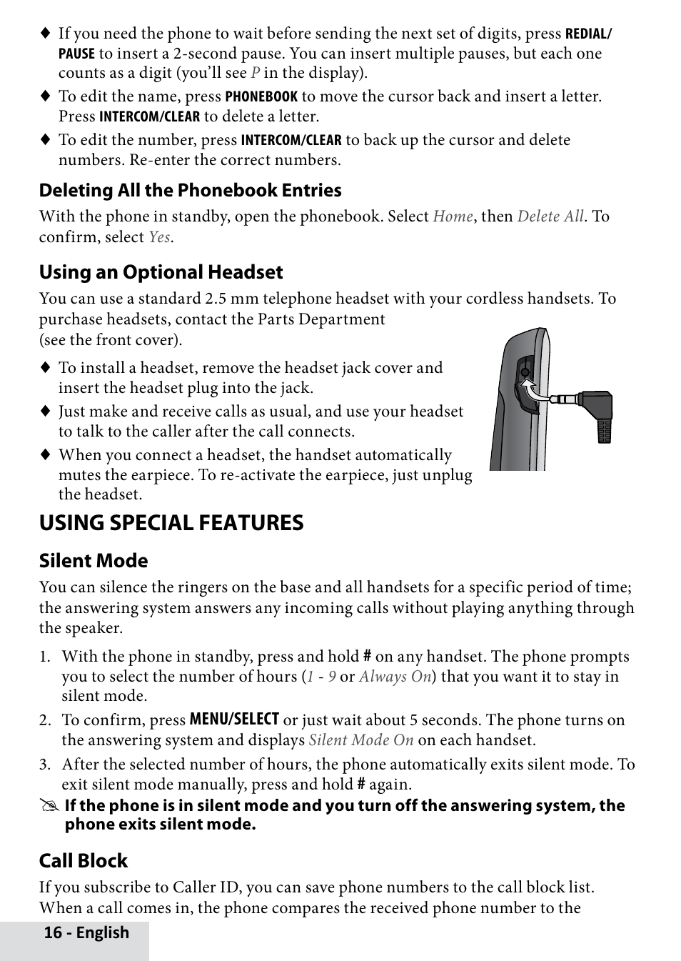 Using special features, Using an optional headset, Silent mode | Call block | Uniden D3580 User Manual | Page 16 / 28