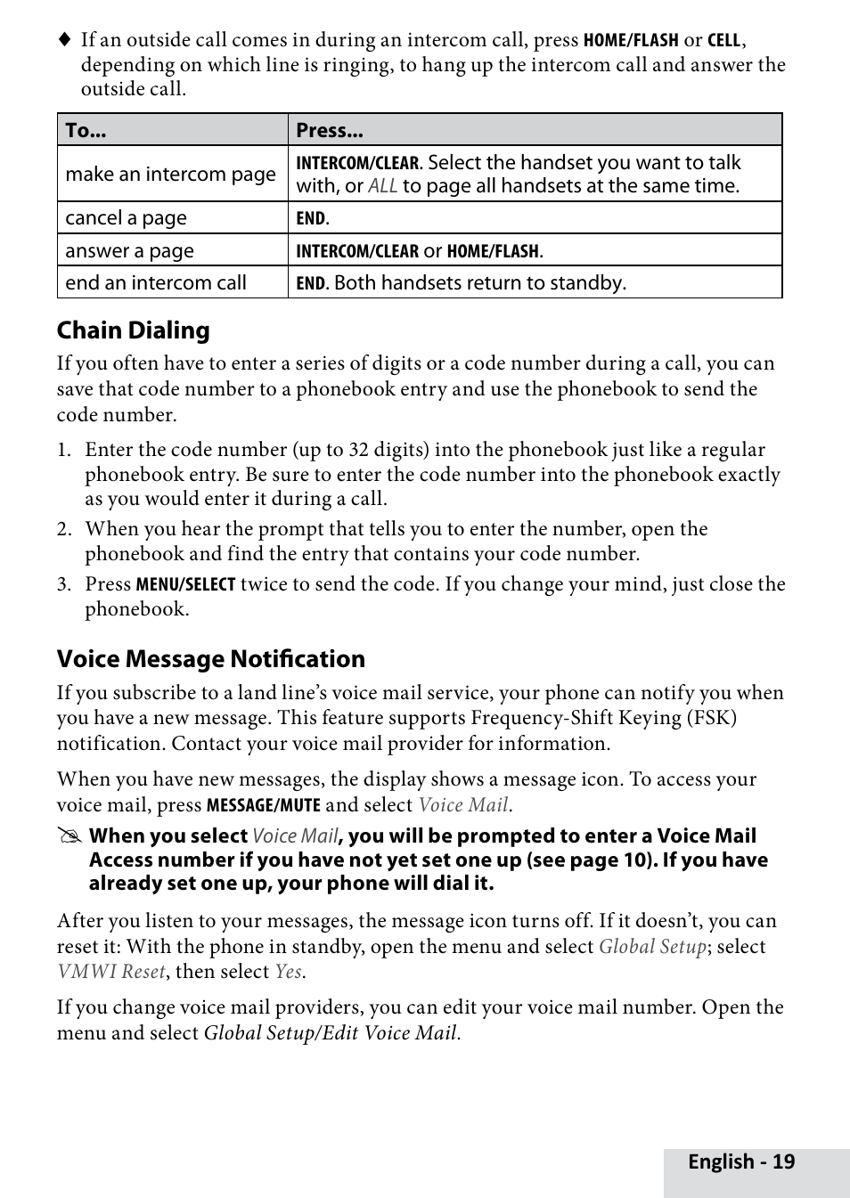 Chain dialing, Voice message notification | Uniden D3580 User Manual | Page 19 / 28