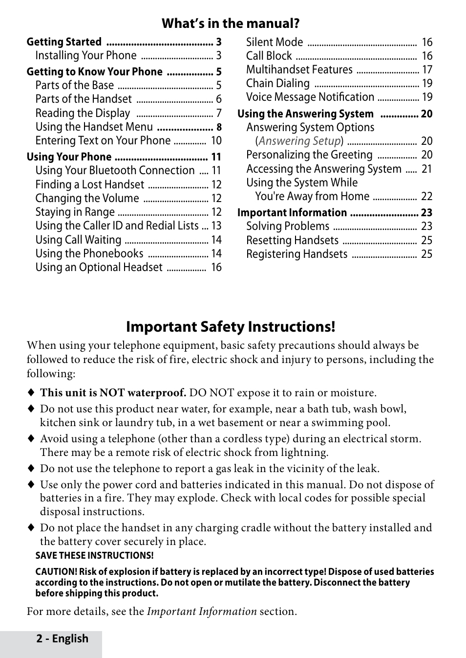 Important safety instructions, What’s in the manual | Uniden D3580 User Manual | Page 2 / 28