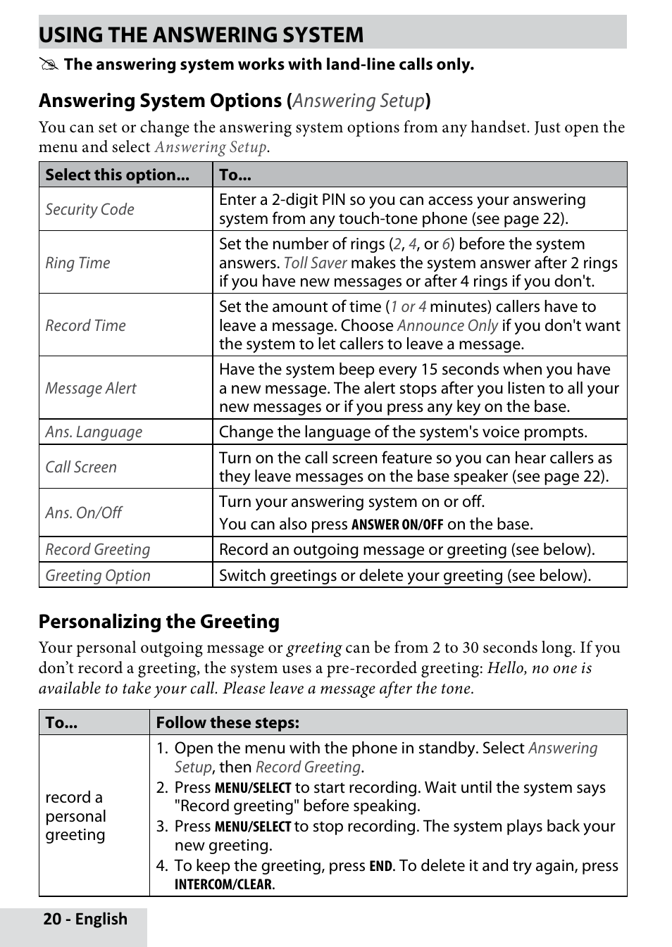 Using the answering system, Answering system options ( answering setup ), Personalizing the greeting | Uniden D3580 User Manual | Page 20 / 28