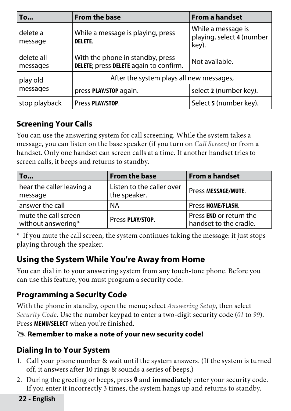 Using the system while you're away from home | Uniden D3580 User Manual | Page 22 / 28