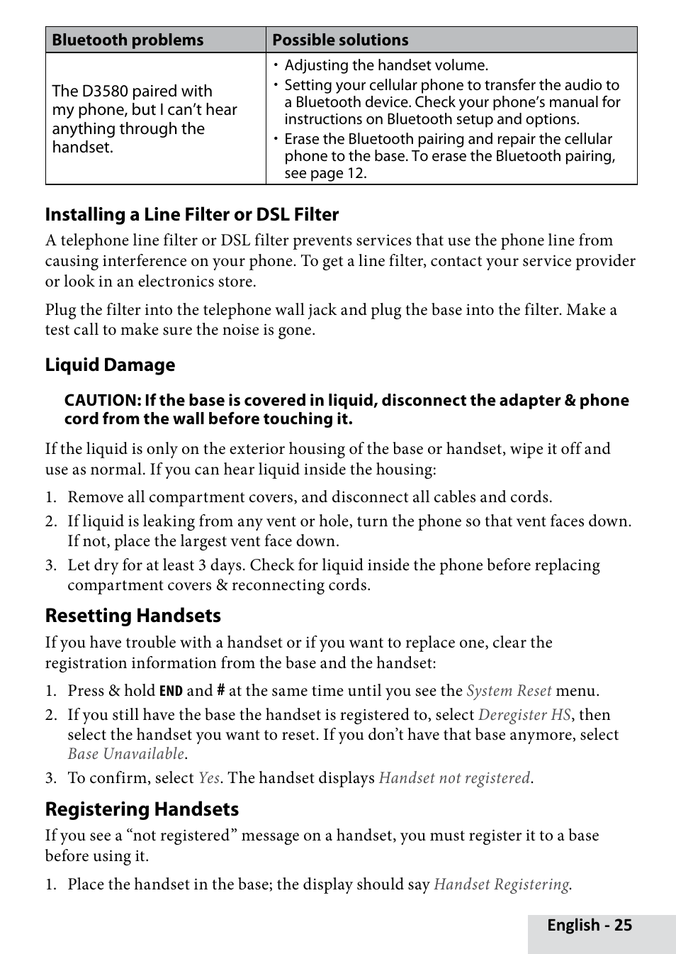 Resetting handsets, Registering handsets | Uniden D3580 User Manual | Page 25 / 28