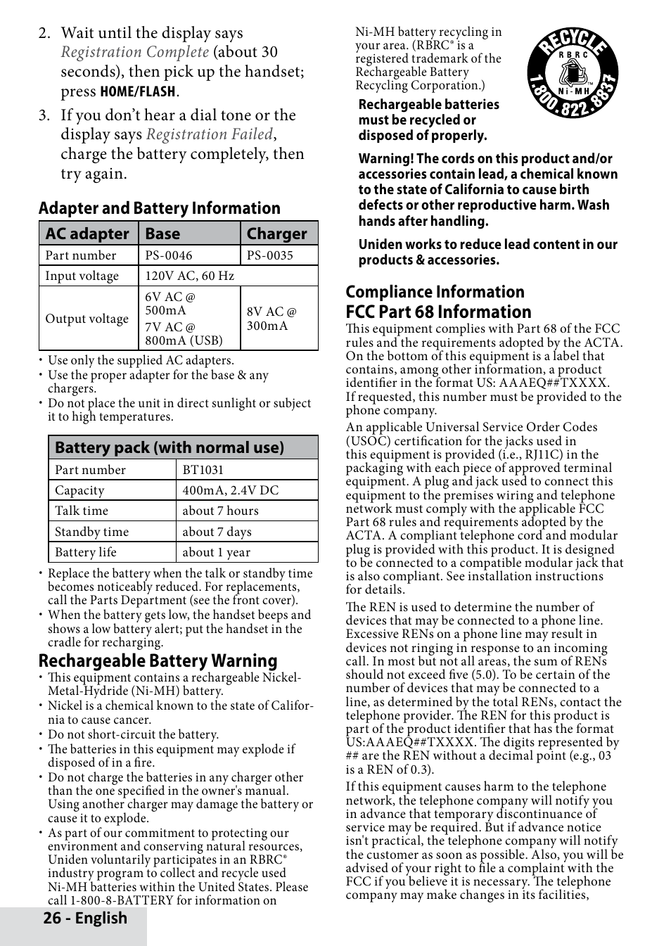 Rechargeable battery warning, Fcc part 68 information, 26 - english | Adapter and battery information, Compliance information | Uniden D3580 User Manual | Page 26 / 28