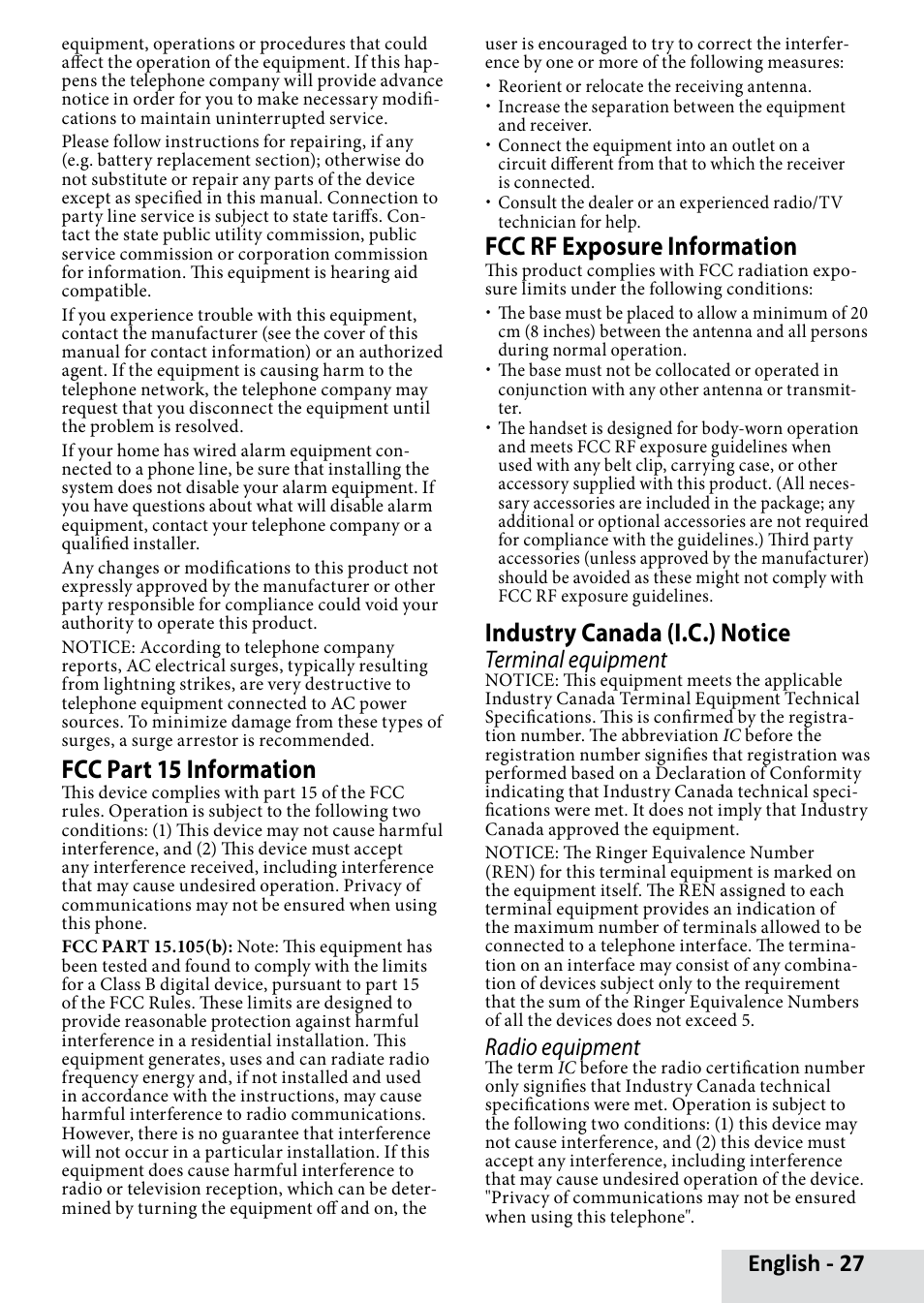 Fcc part 15 information, Fcc rf exposure information, Industry canada (i.c.) notice | English - 27, Terminal equipment, Radio equipment | Uniden D3580 User Manual | Page 27 / 28