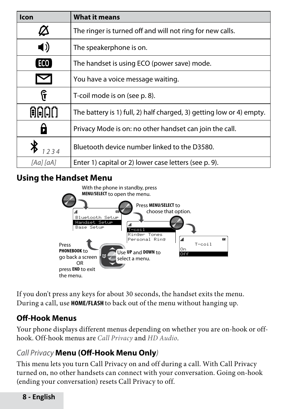 Using the handset menu, Off-hook menus, Call privacy menu (off-hook menu only ) | 8 - english | Uniden D3580 User Manual | Page 8 / 28