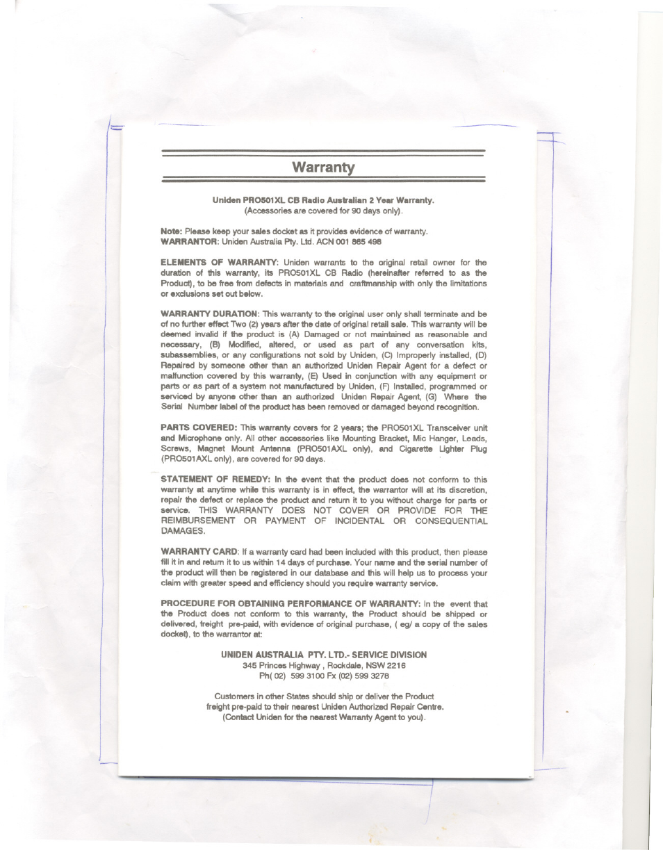 Warranty, Australia | Uniden PRO501XL User Manual | Page 10 / 10