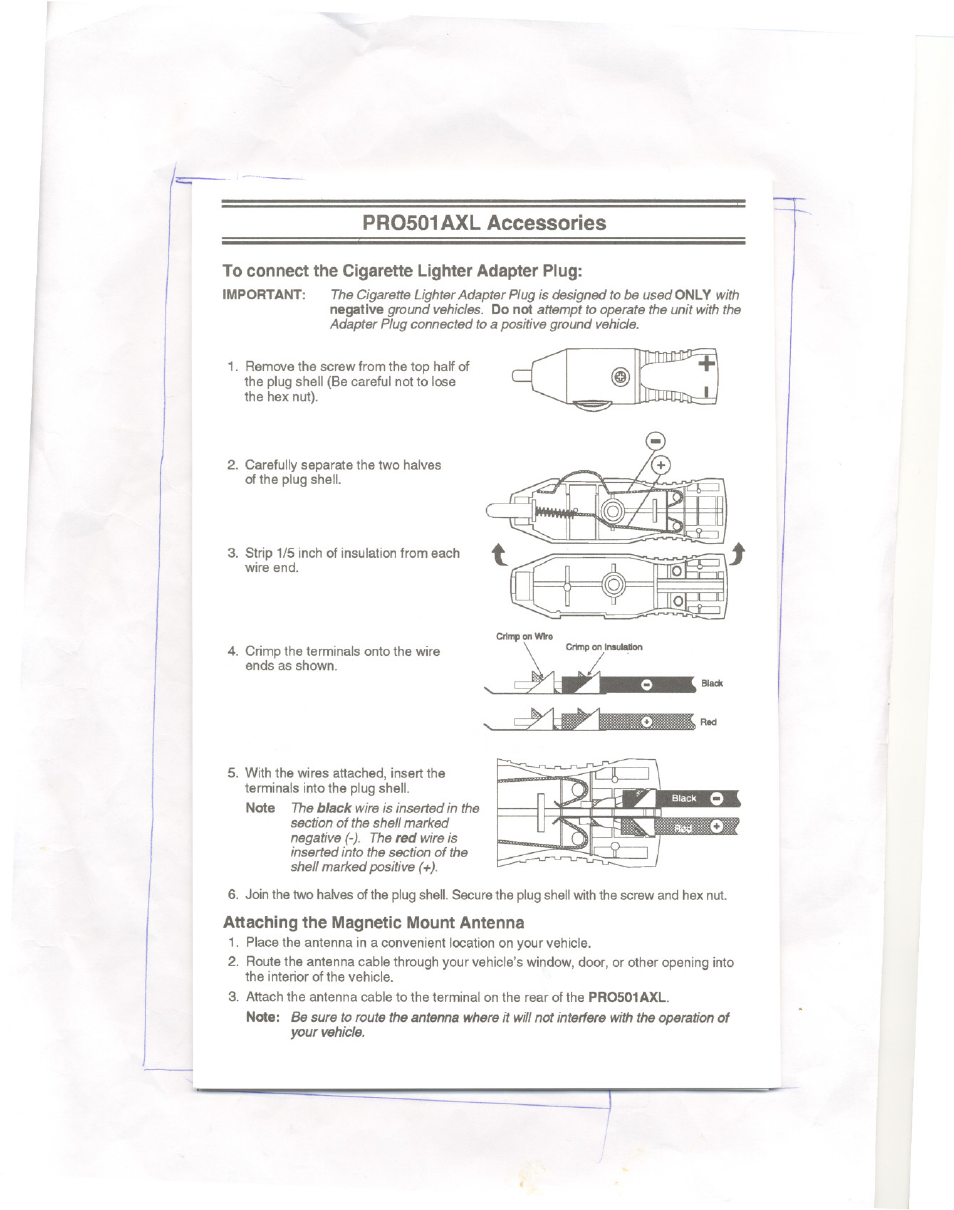 Pro501axl accessories, To connect the cigarette lighter adapter plug, Attaching the magnetic mount antenna | Uniden PRO501XL User Manual | Page 4 / 10