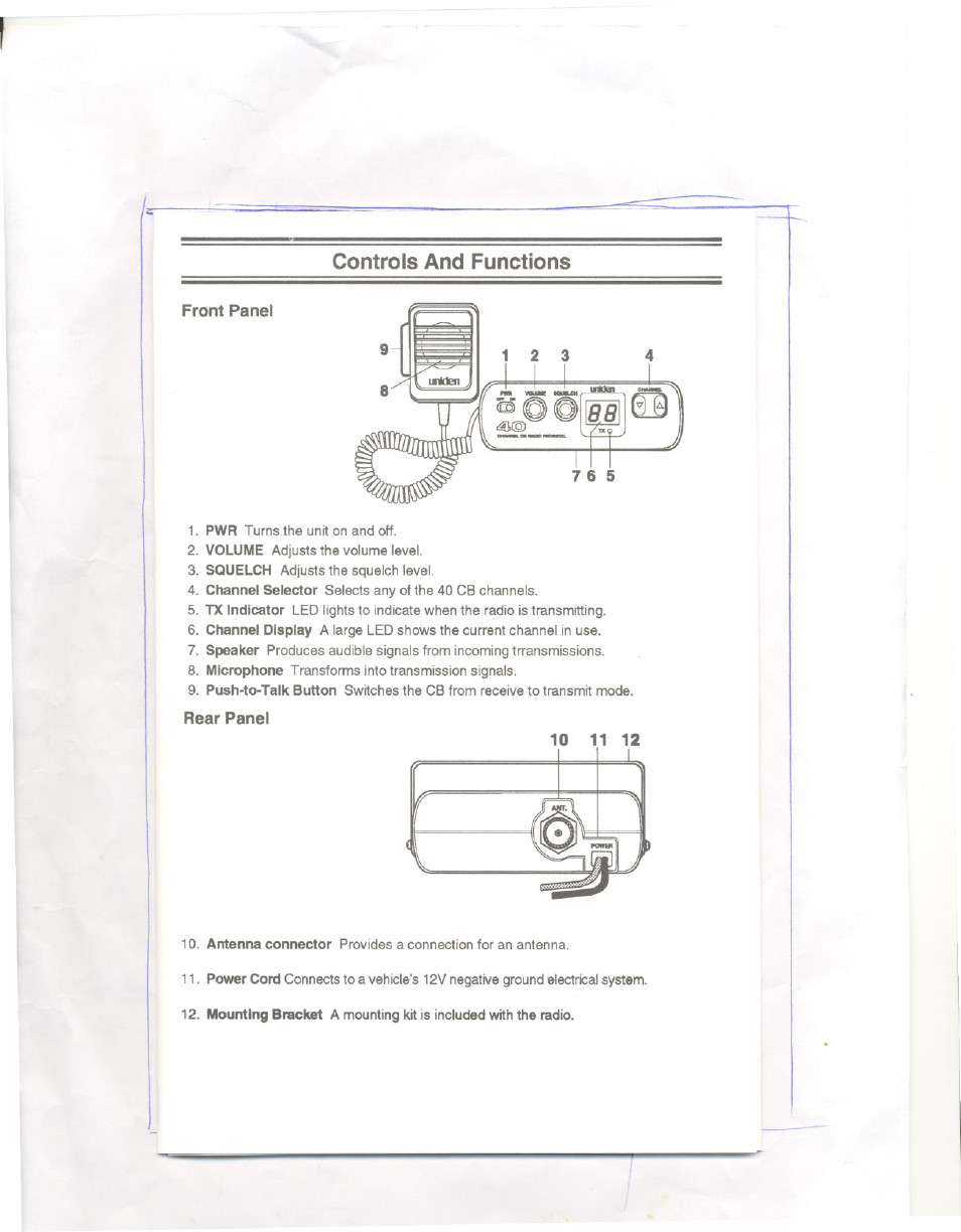 Controls and functions, Front panel, Rear panel | Uniden PRO501XL User Manual | Page 5 / 10