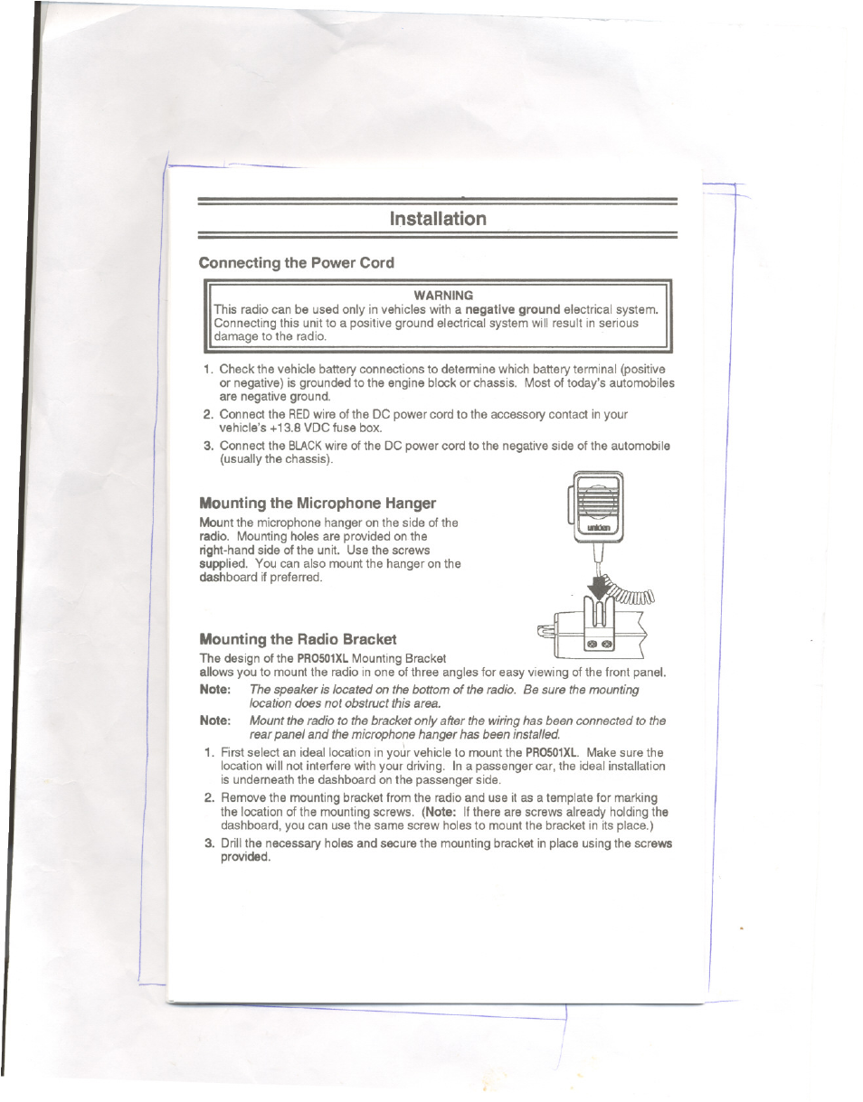 Installation, Connecting the power cord, Mounting the microphone hanger | Mounting the radio bracket | Uniden PRO501XL User Manual | Page 6 / 10