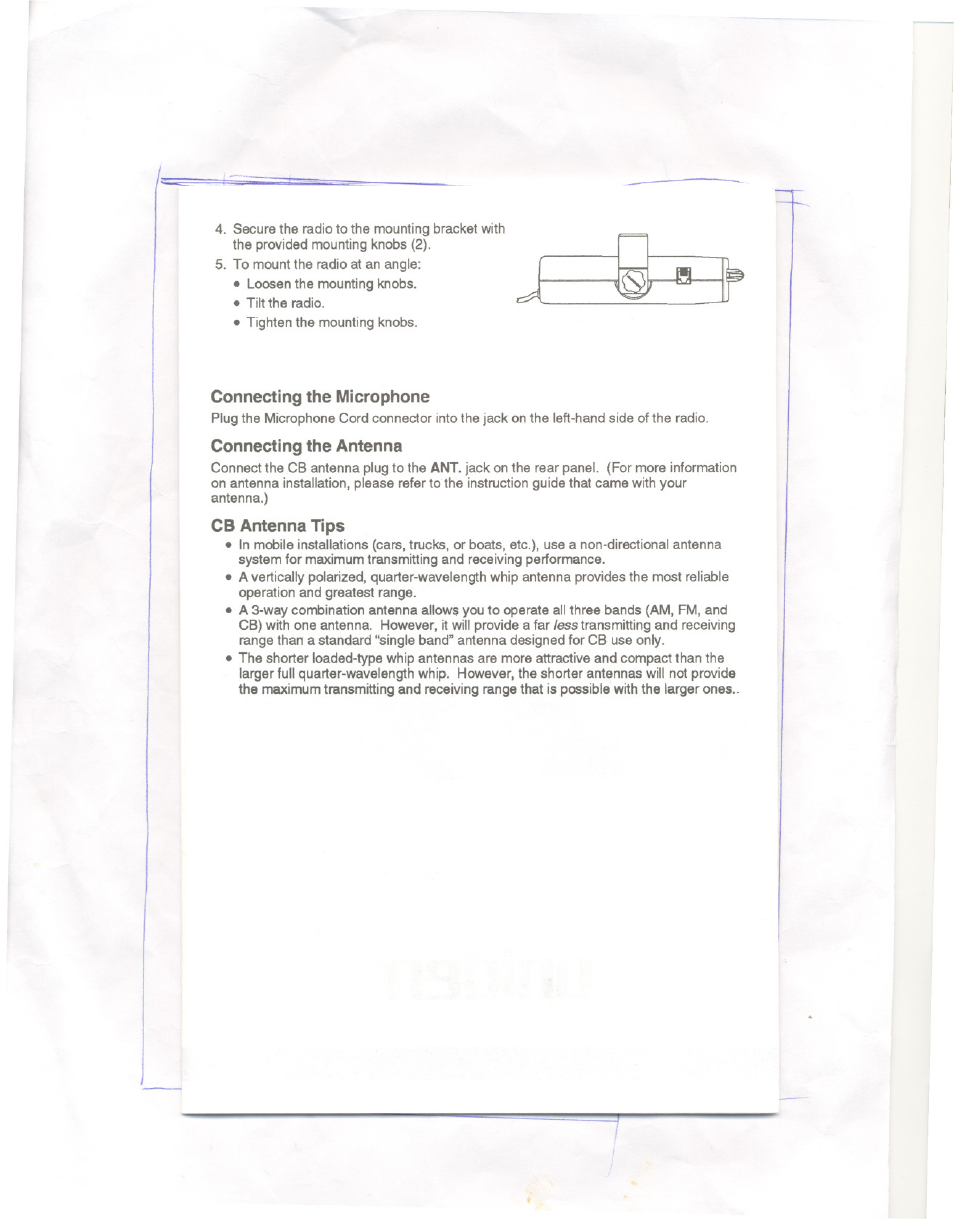 Connecting the microphone, Connecting the antenna, Cb antenna tips | Uniden PRO501XL User Manual | Page 7 / 10
