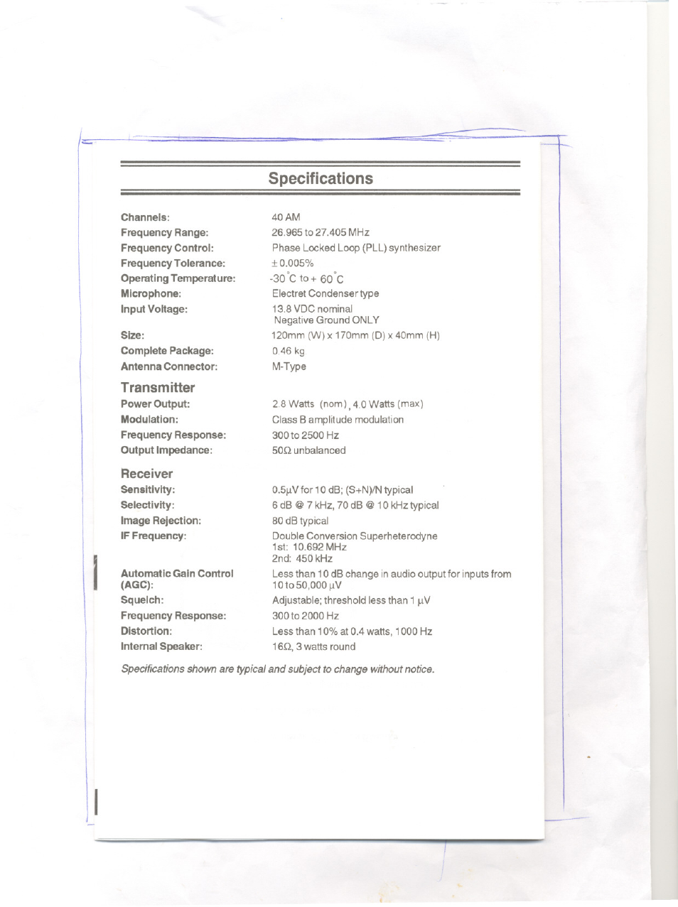 Specifications, Transmitter, Receiver | Uniden PRO501XL User Manual | Page 8 / 10