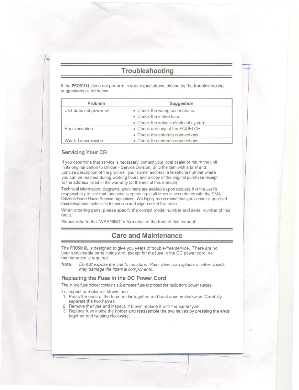 Troubleshooting, Care and maintenance, Replacing the fuse in the dc power cord | Uniden PRO501XL User Manual | Page 9 / 10