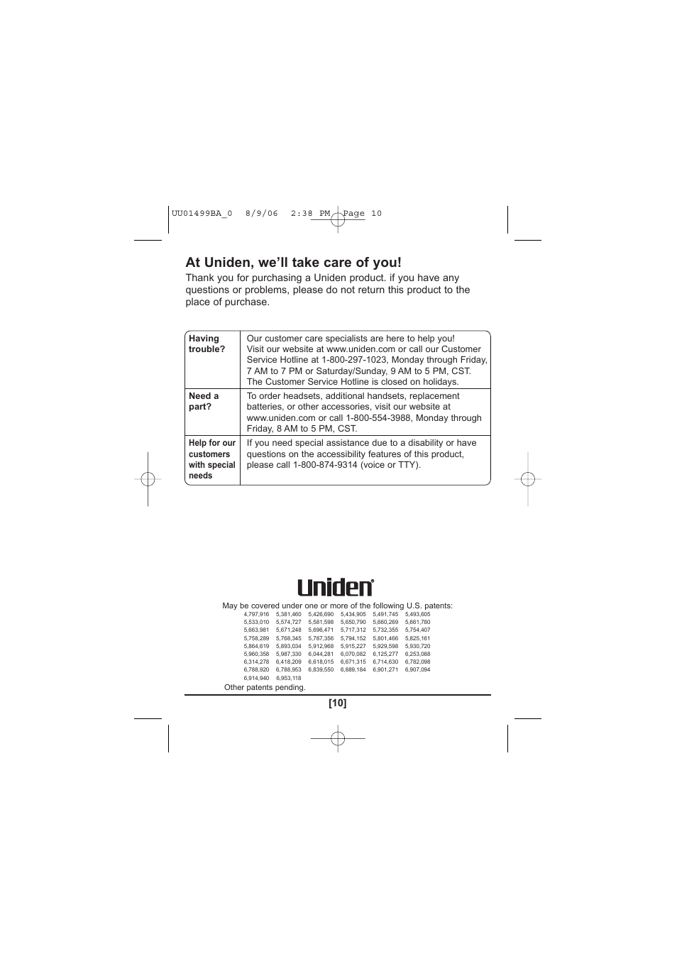 At uniden, we’ll take care of you | Uniden DCX100 User Manual | Page 11 / 12