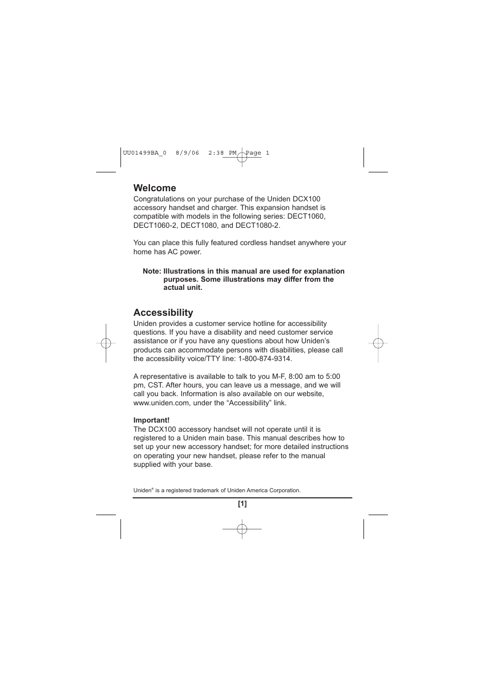 Welcome, Accessibility | Uniden DCX100 User Manual | Page 2 / 12