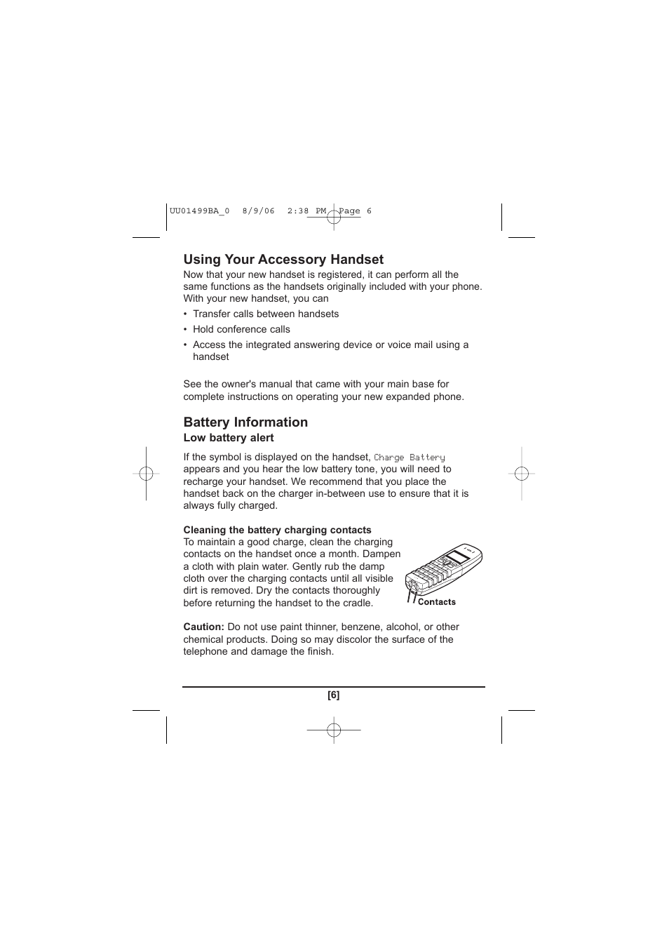 Using your accessory handset, Battery information | Uniden DCX100 User Manual | Page 7 / 12