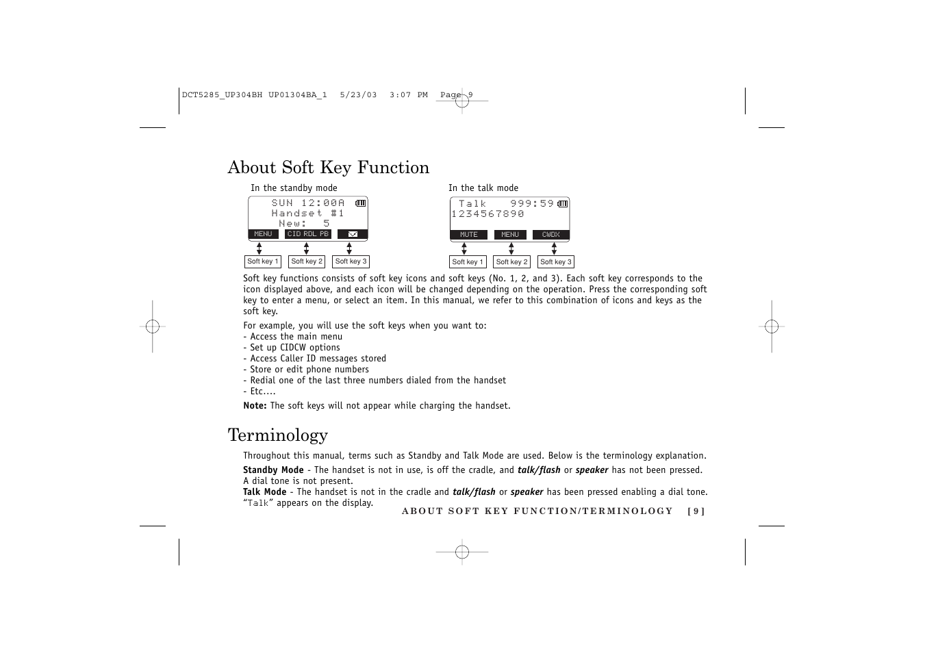 About soft key function, Terminology | Uniden DCT5285 User Manual | Page 11 / 84