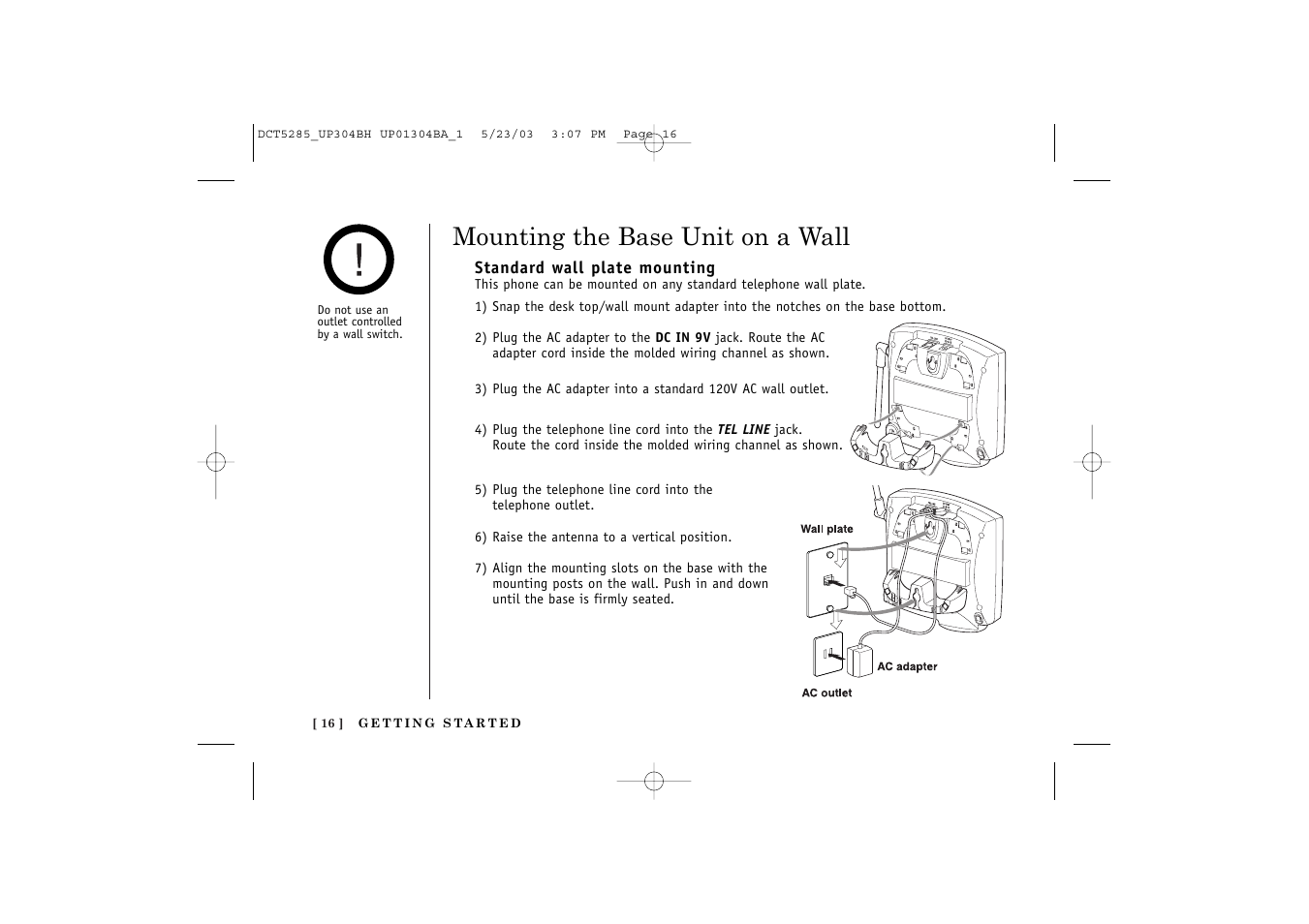 Mounting the base unit on a wall | Uniden DCT5285 User Manual | Page 18 / 84