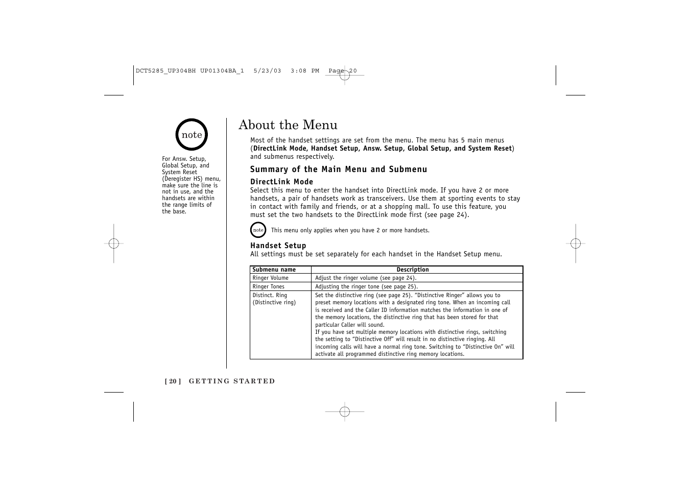 About the menu | Uniden DCT5285 User Manual | Page 22 / 84
