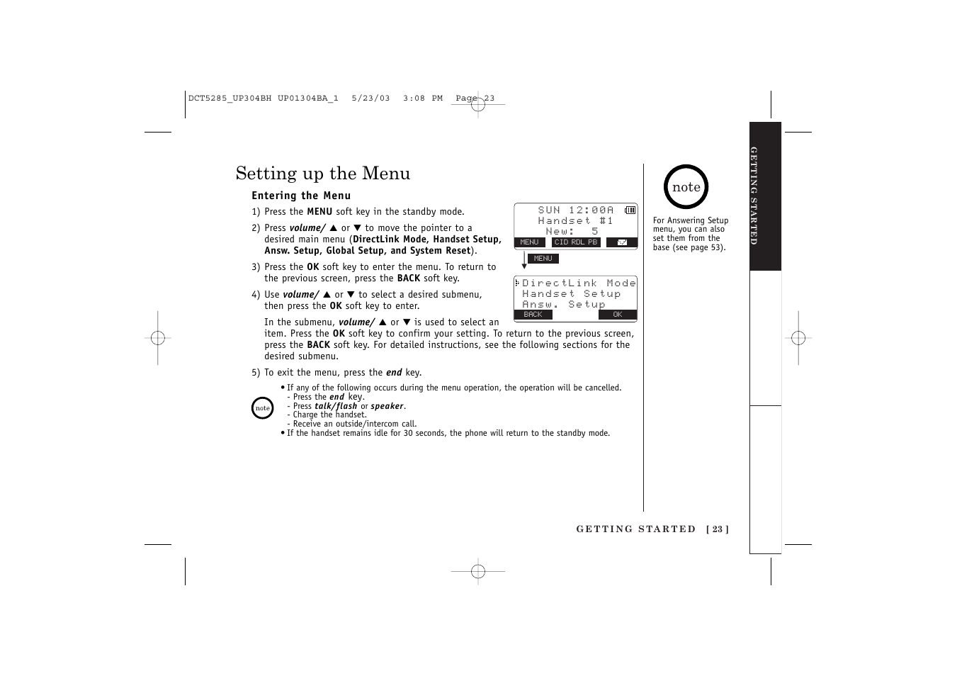 Setting up the menu | Uniden DCT5285 User Manual | Page 25 / 84