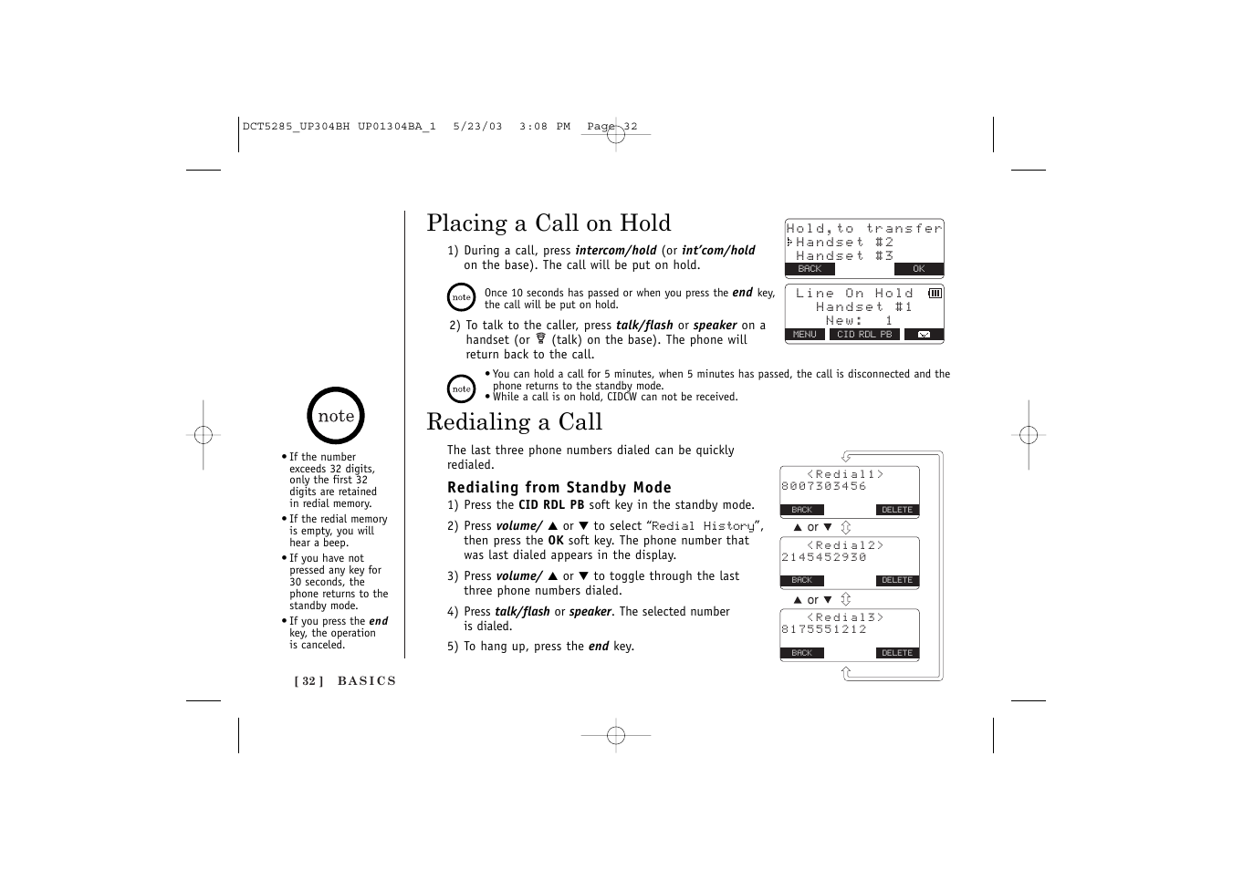 Placing a call on hold, Redialing a call | Uniden DCT5285 User Manual | Page 34 / 84