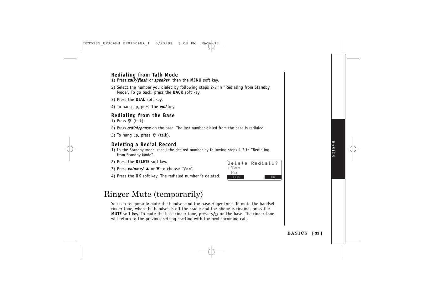 Ringer mute (temporarily) | Uniden DCT5285 User Manual | Page 35 / 84