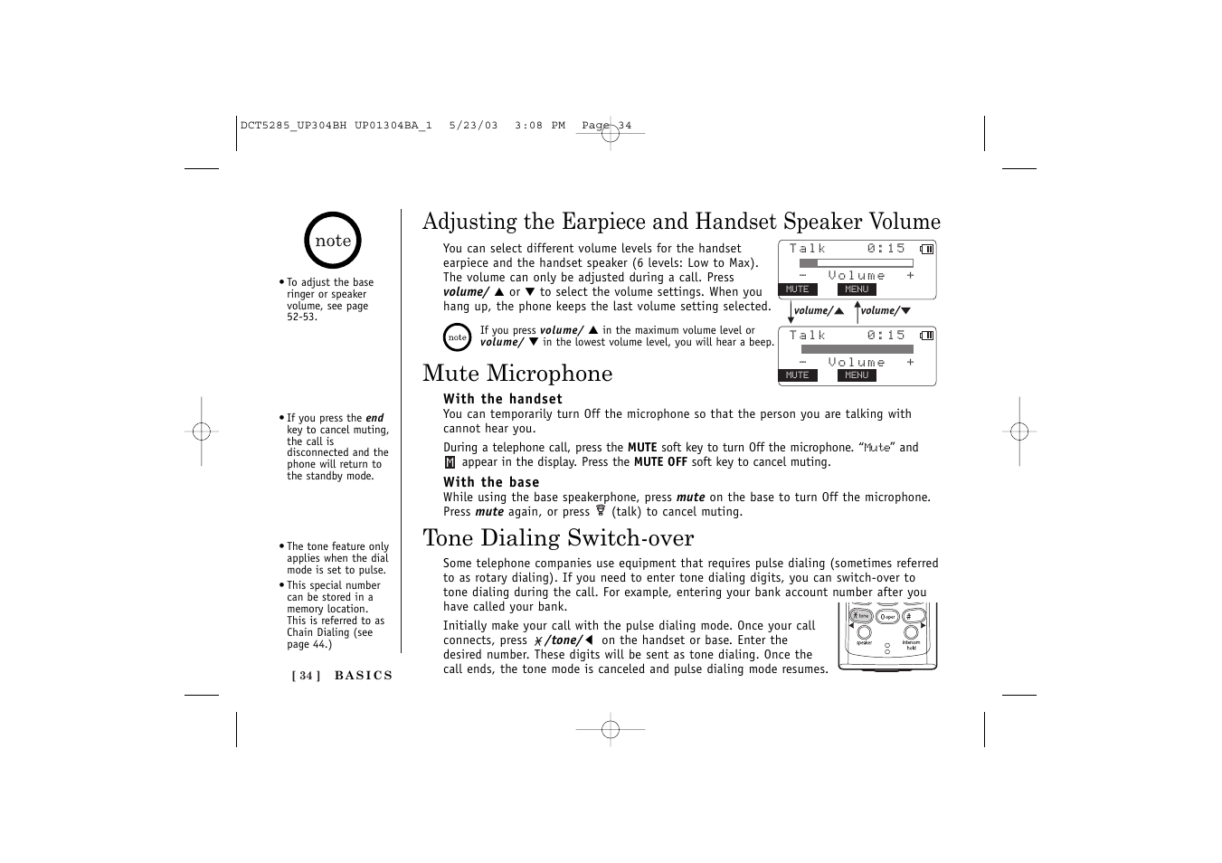 Tone dialing switch-over, Mute microphone, Adjusting the earpiece and handset speaker volume | Uniden DCT5285 User Manual | Page 36 / 84