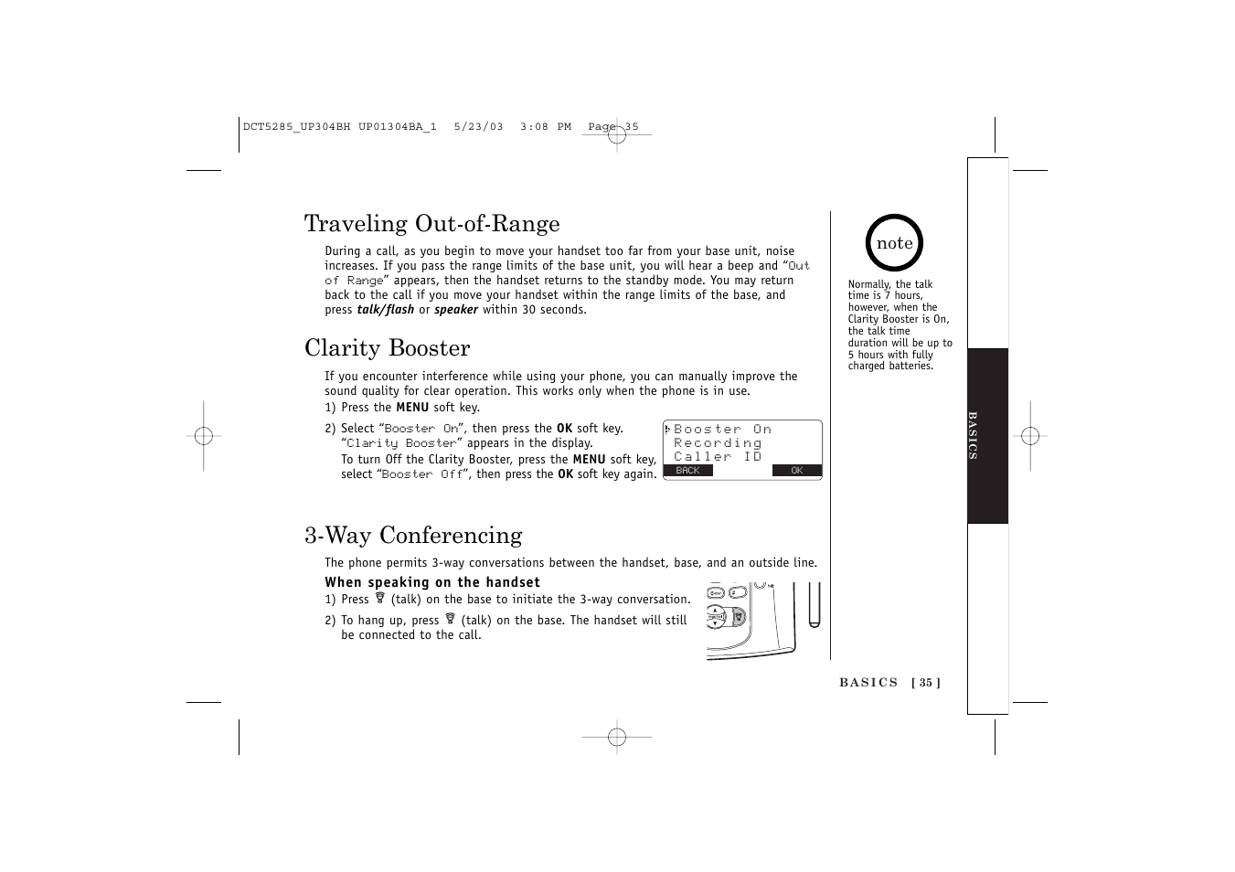 Traveling out-of-range, Clarity booster, Way conferencing | Uniden DCT5285 User Manual | Page 37 / 84