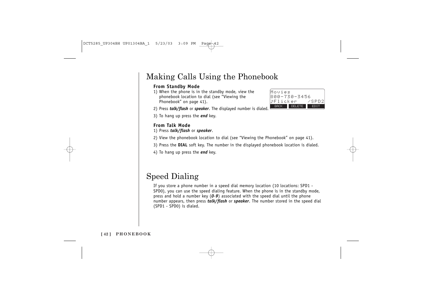 Speed dialing, Making calls using the phonebook | Uniden DCT5285 User Manual | Page 44 / 84