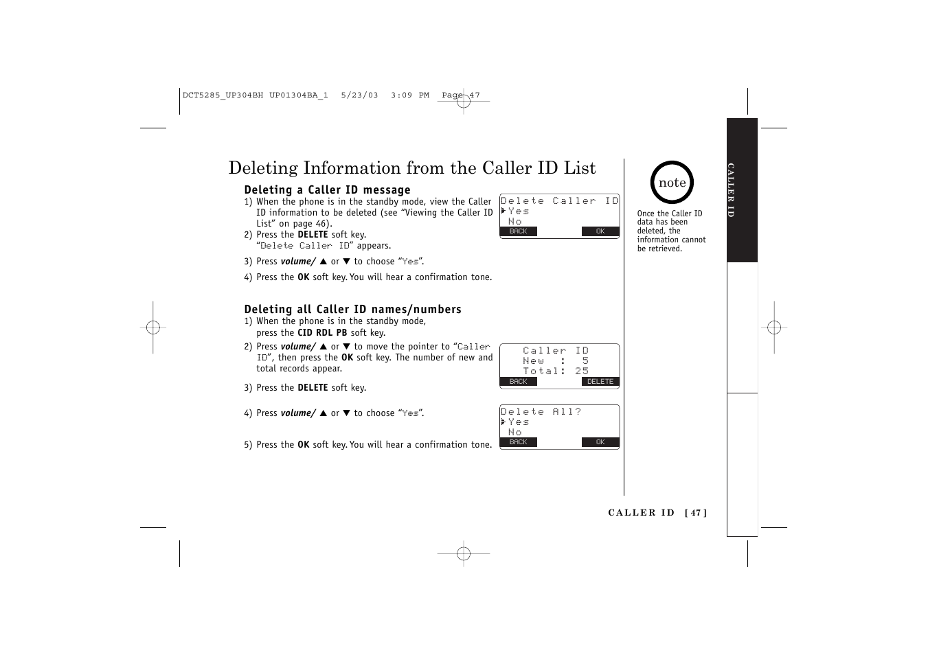 Deleting information from the caller id list | Uniden DCT5285 User Manual | Page 49 / 84