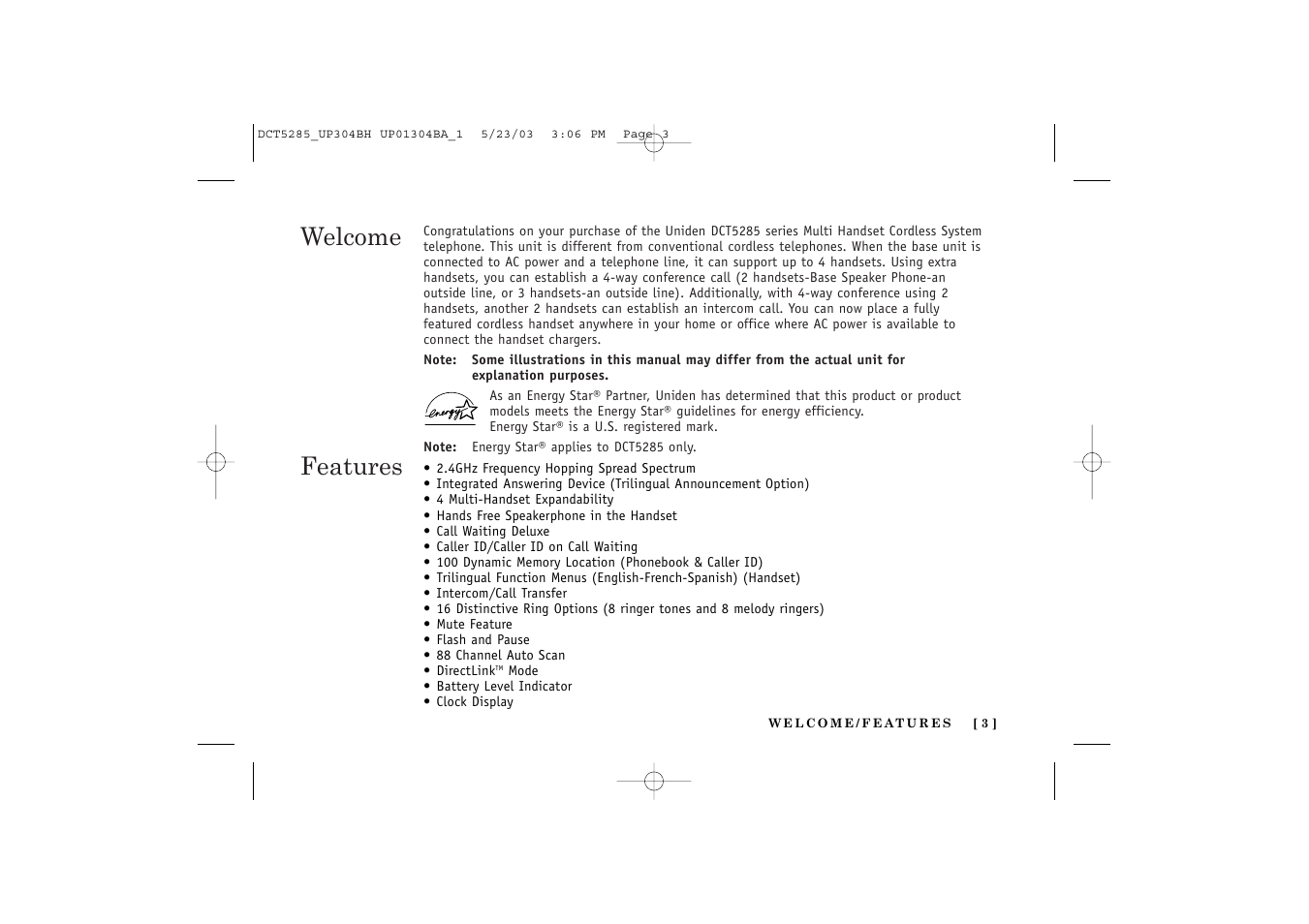 Welcome features | Uniden DCT5285 User Manual | Page 5 / 84