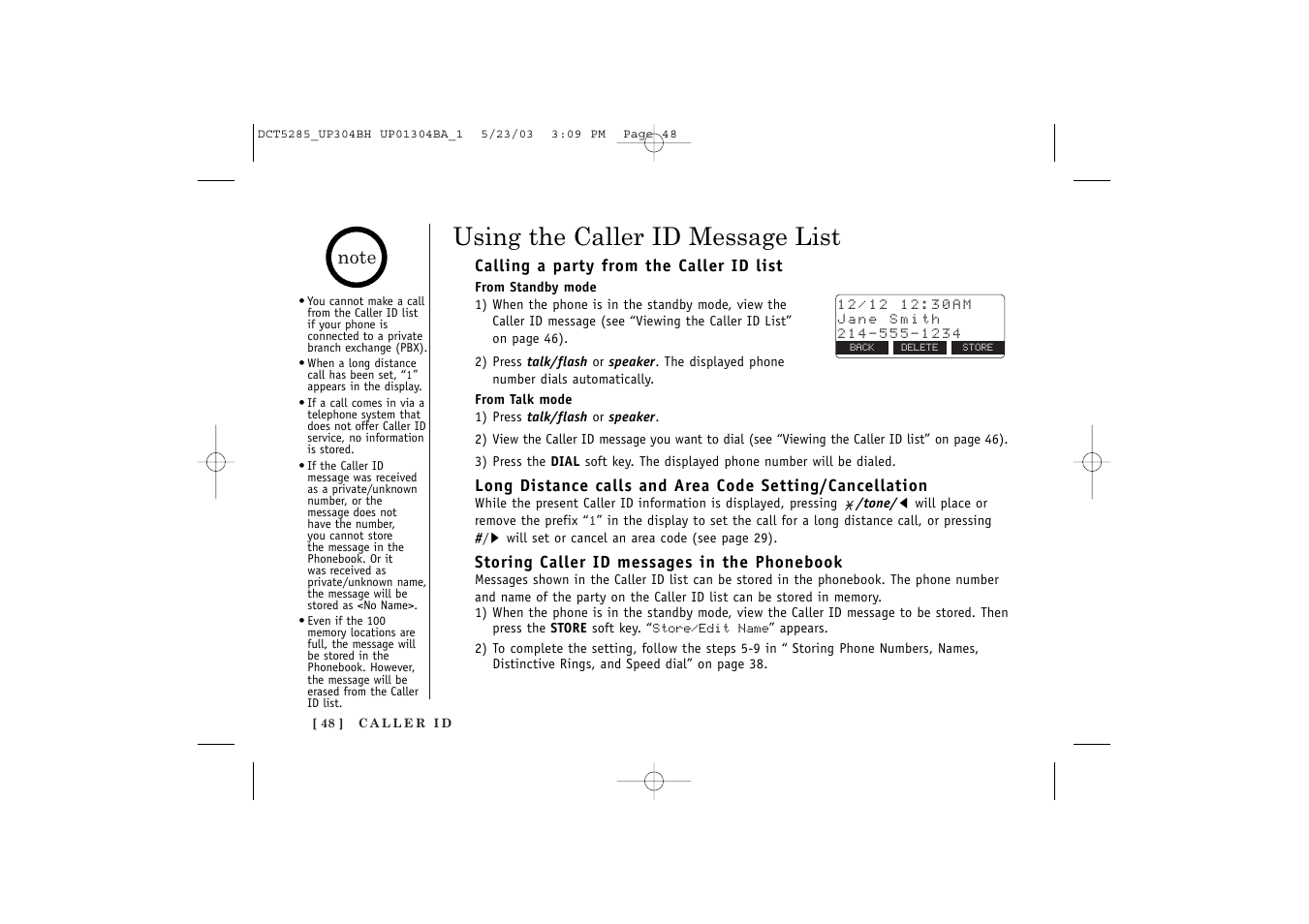 Using the caller id message list | Uniden DCT5285 User Manual | Page 50 / 84