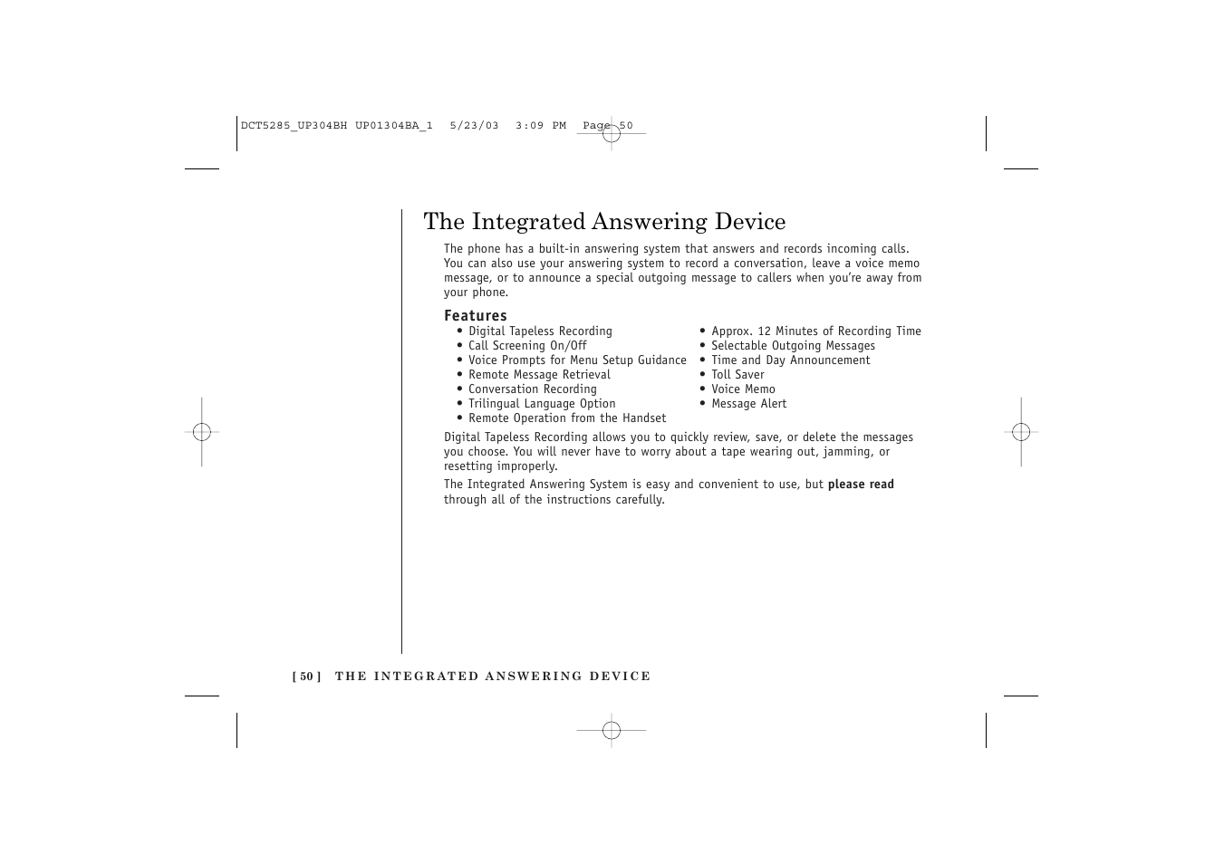 The integrated answering device | Uniden DCT5285 User Manual | Page 52 / 84