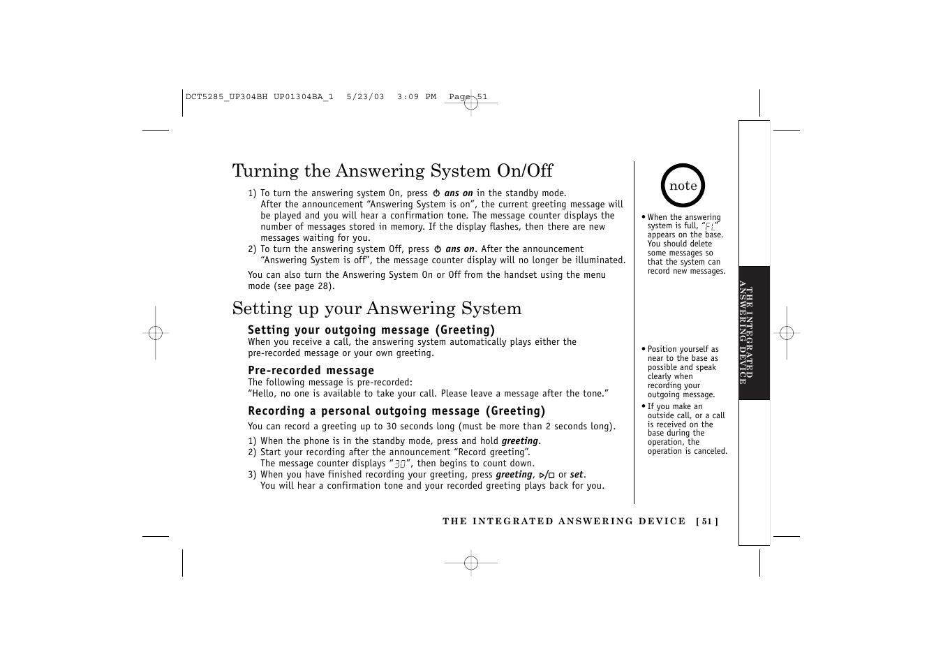 Turning the answering system on/off, Setting up your answering system | Uniden DCT5285 User Manual | Page 53 / 84