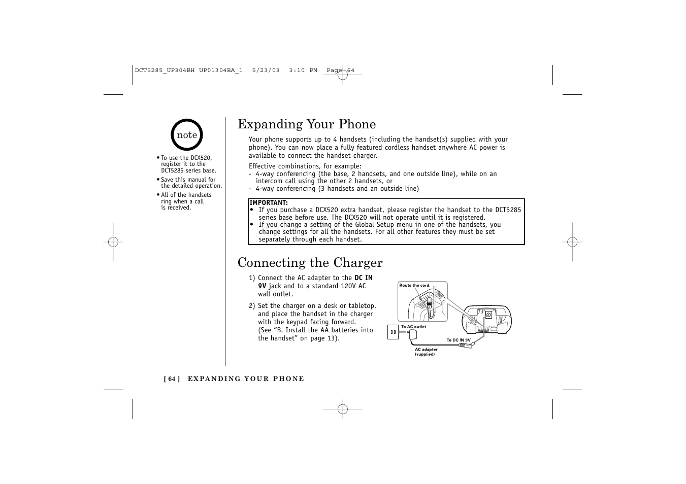 Expanding your phone, Connecting the charger | Uniden DCT5285 User Manual | Page 66 / 84