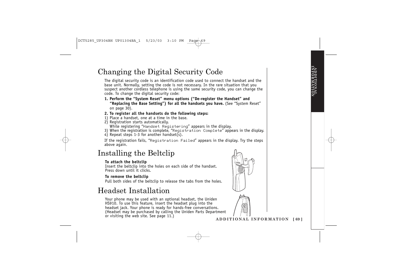 Headset installation | Uniden DCT5285 User Manual | Page 71 / 84