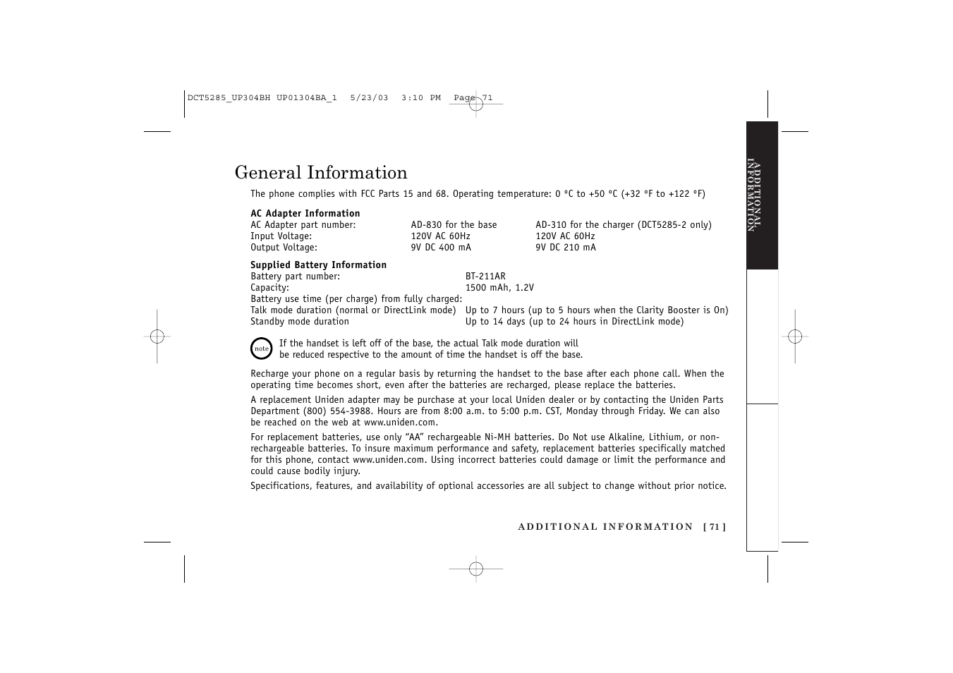 General information | Uniden DCT5285 User Manual | Page 73 / 84