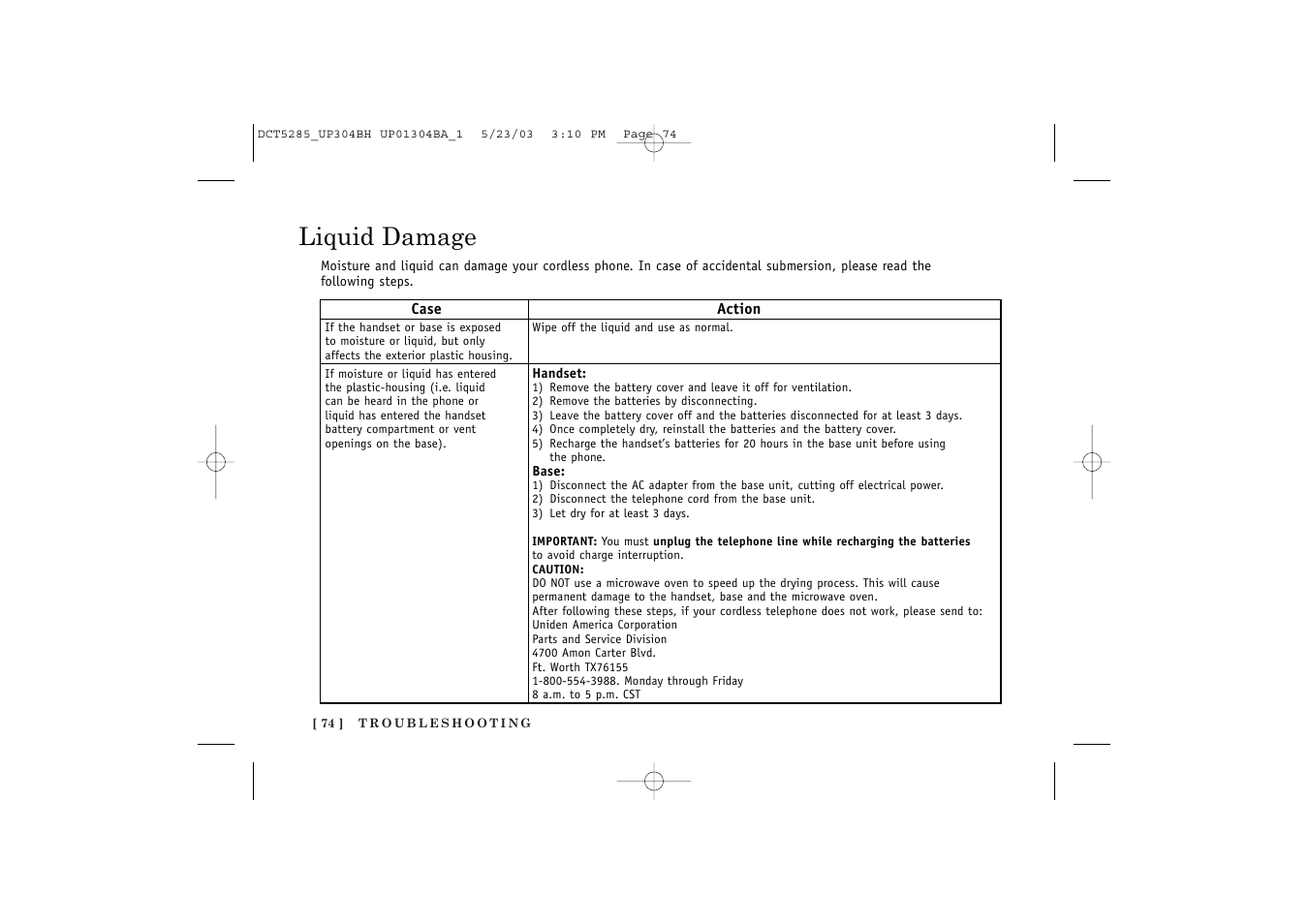 Liquid damage | Uniden DCT5285 User Manual | Page 76 / 84