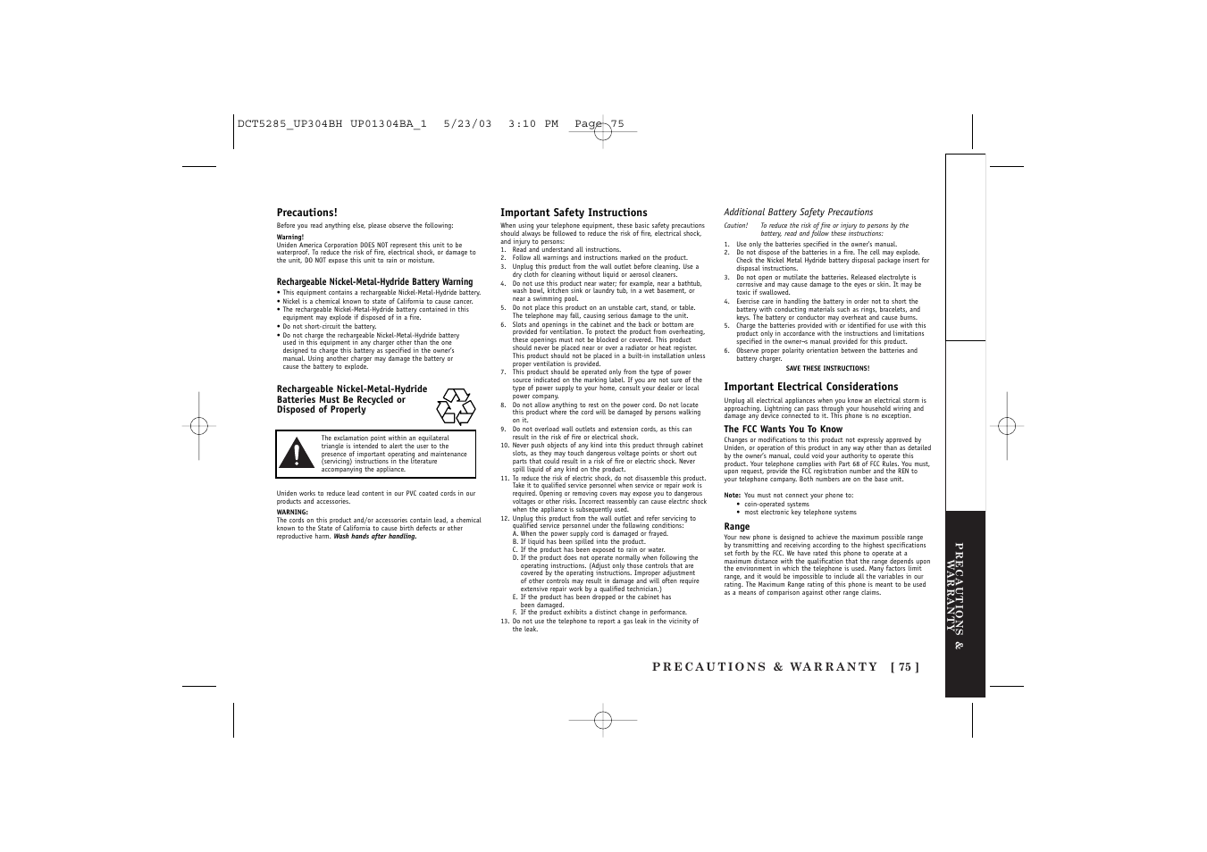 Precautions, Important safety instructions, Important electrical considerations | Uniden DCT5285 User Manual | Page 77 / 84