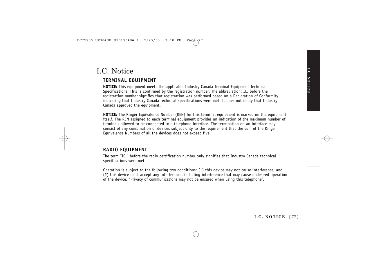 I.c. notice | Uniden DCT5285 User Manual | Page 79 / 84