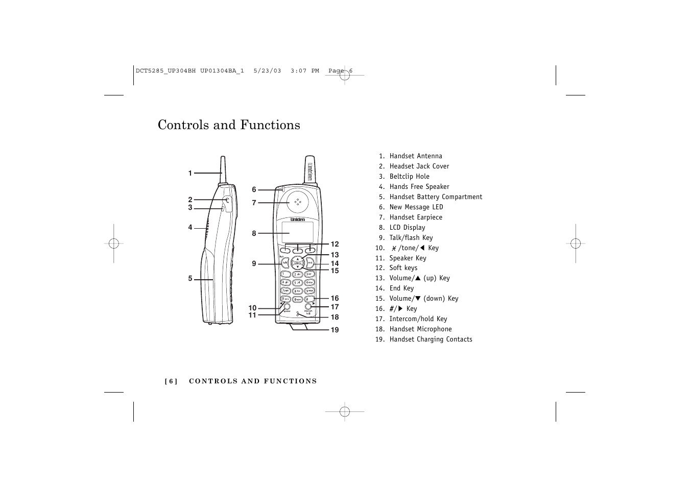 Controls and functions | Uniden DCT5285 User Manual | Page 8 / 84