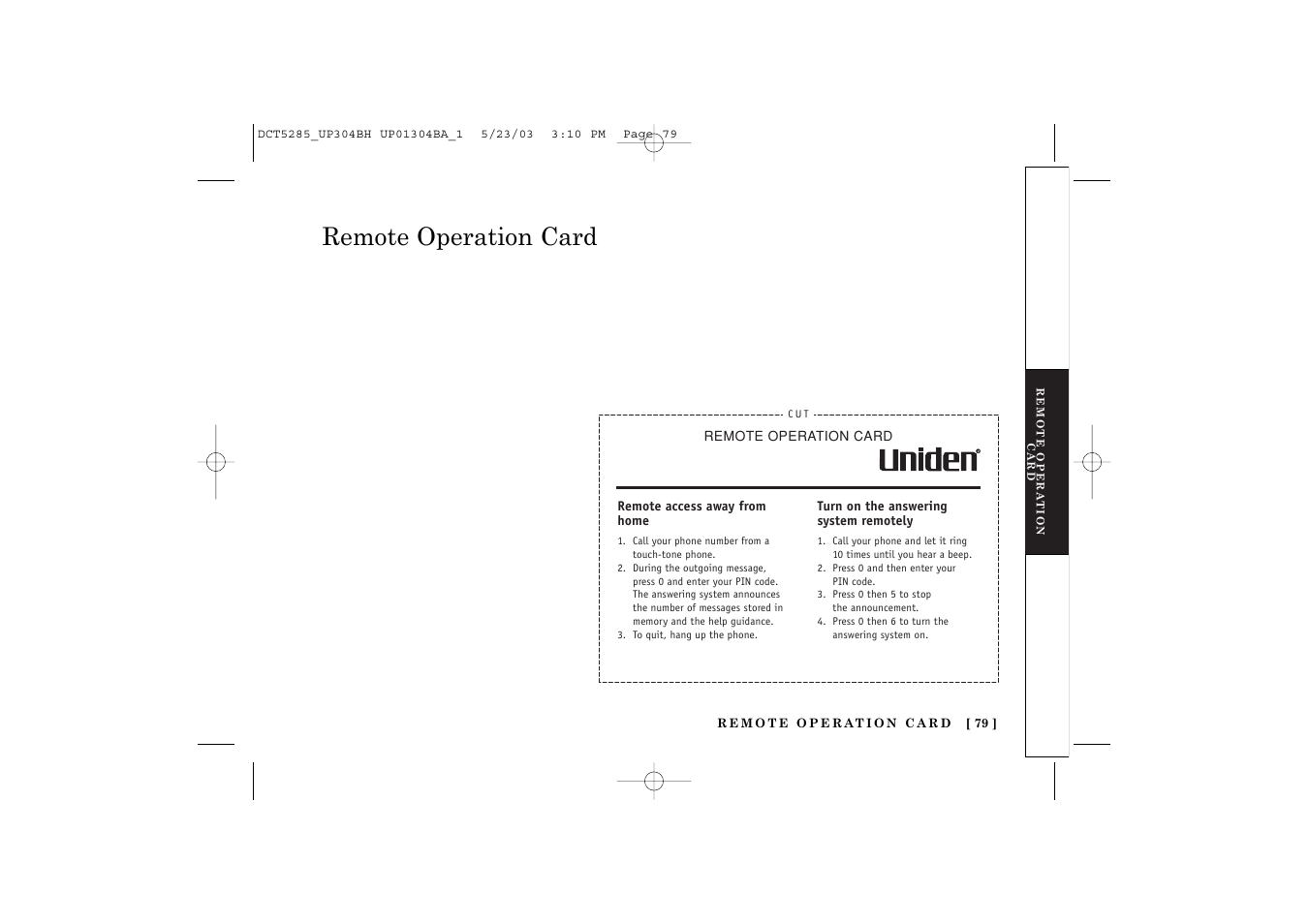 Remote operation card | Uniden DCT5285 User Manual | Page 81 / 84