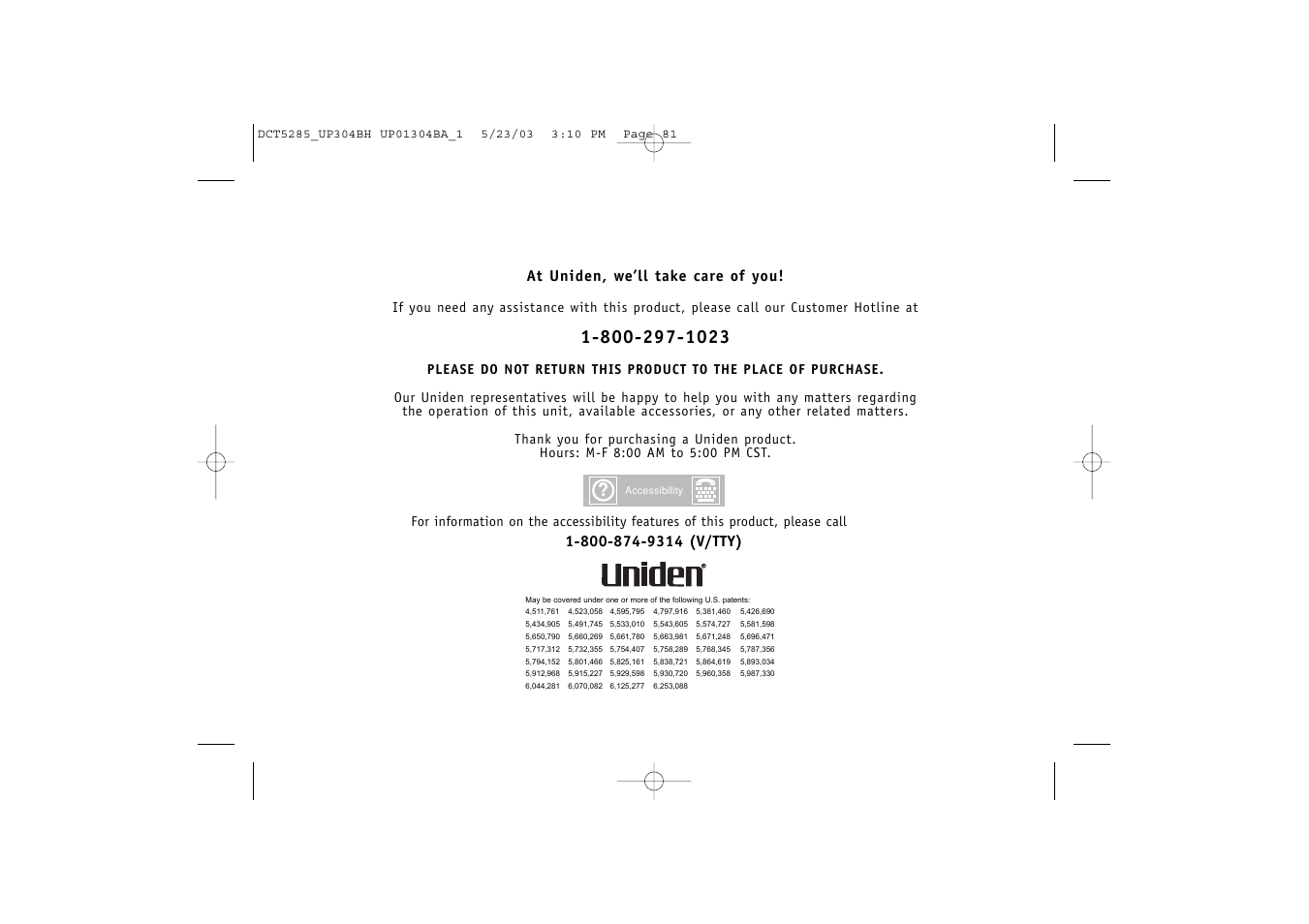 At uniden, we’ll take care of you | Uniden DCT5285 User Manual | Page 83 / 84